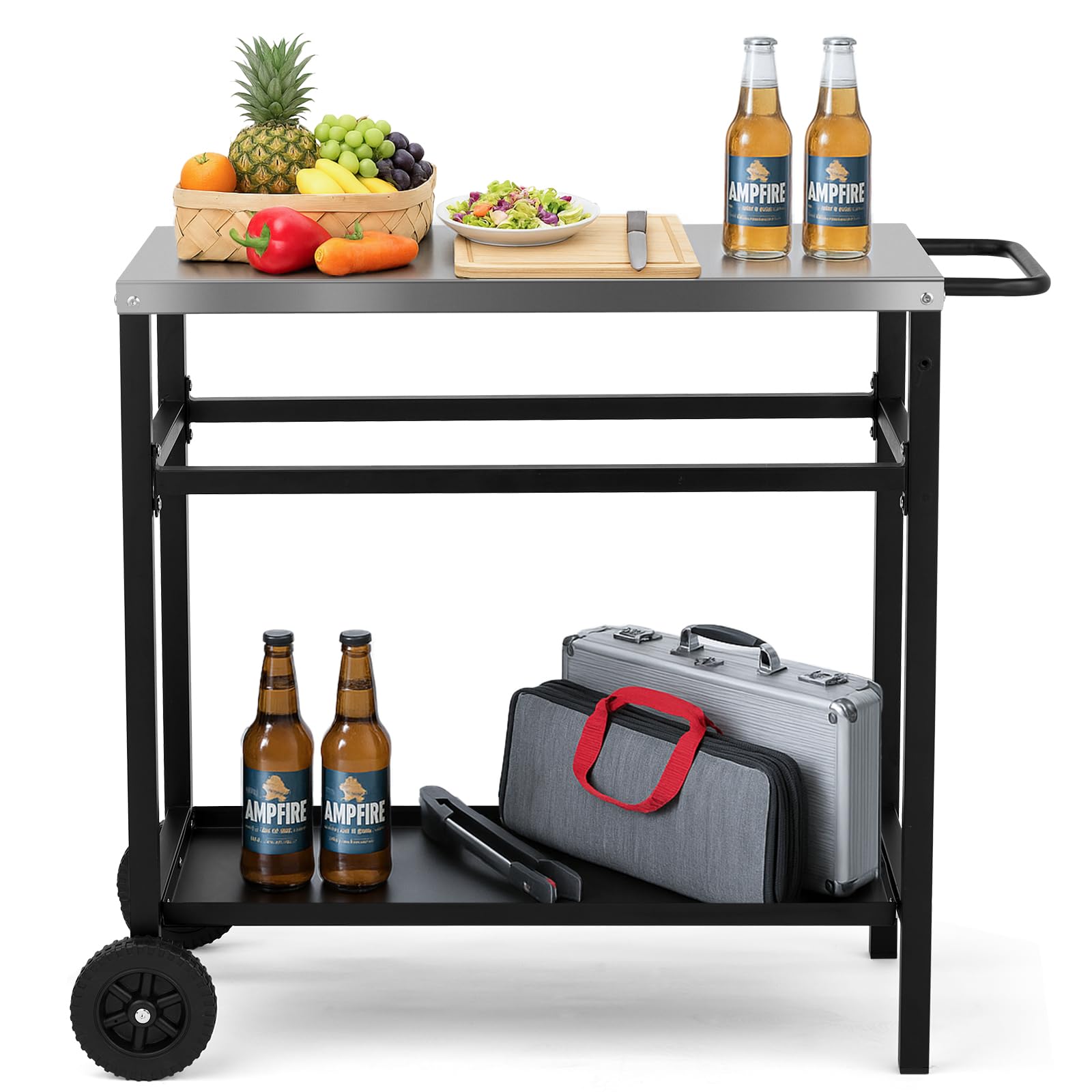LEADZM Grillwagen - Grilltisch Outdoor, 95 x 45 x 83 cm, Schreibtisch aus Edelstahl Silber, Mit Rädern, mobil, Servierwagen für Gärten Schwarz