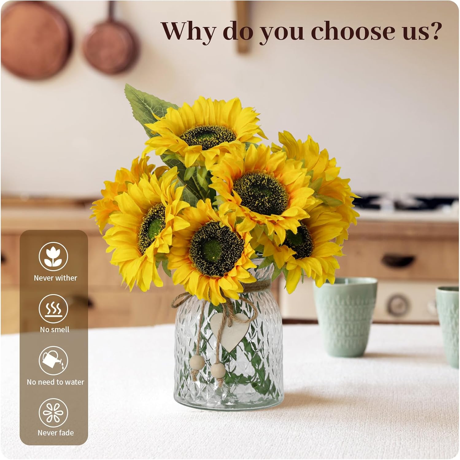 Artificial Sunflowers Flowers with Vase,Fake Flowers Bouquet for Sunflower Decor,Sunflower Kitchen Decor,Silk Flowers for Home Decor Living Room,Flower Centerpieces for Tables,Office Decor,Boho Decor - Image 3