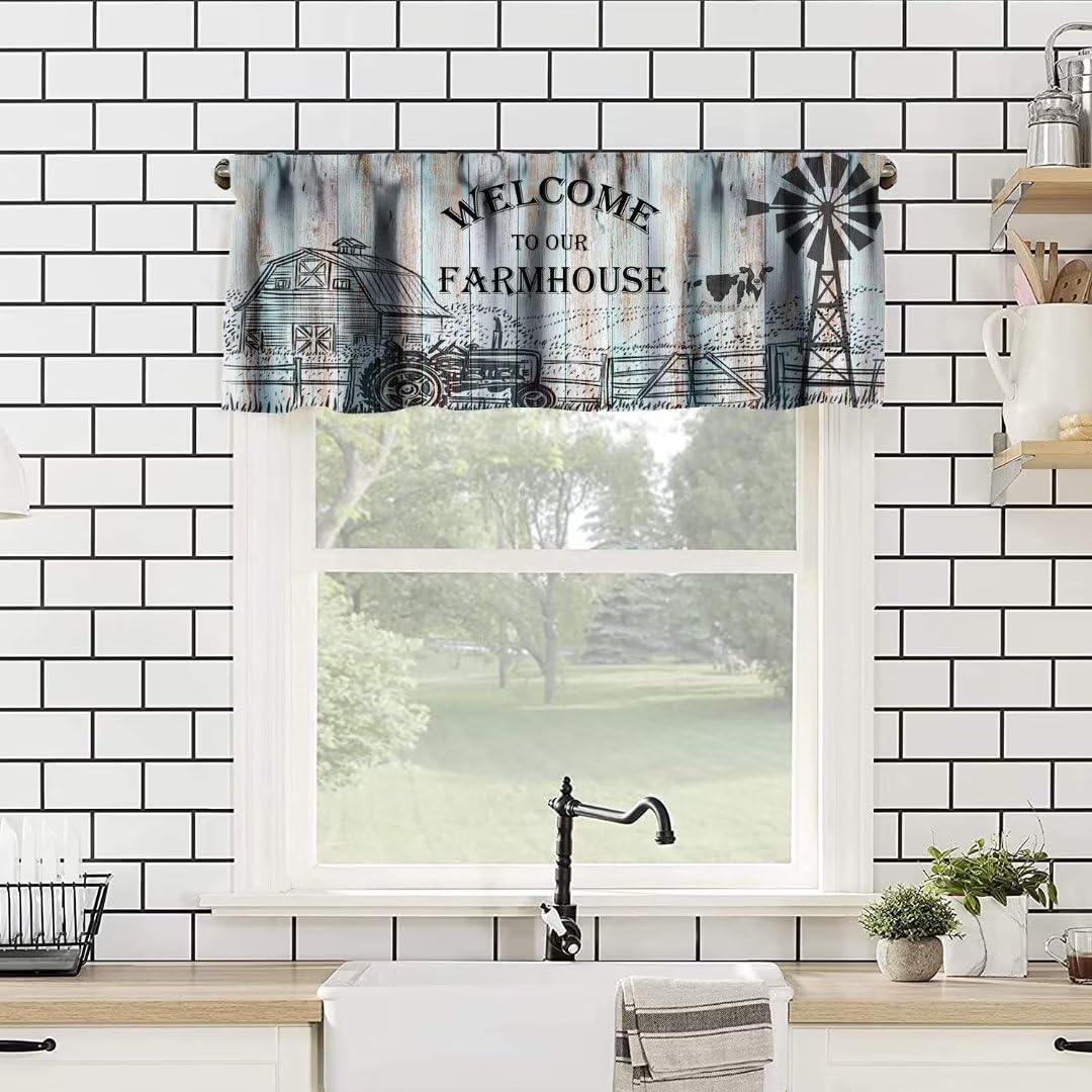 JanJCurt Farmhouse Valances for Windows, Rustic Farm Animal Cow Vintage Western Farm Windmill Barn Door Print Short Window Curtain for Living Room Kitchen,54x18in