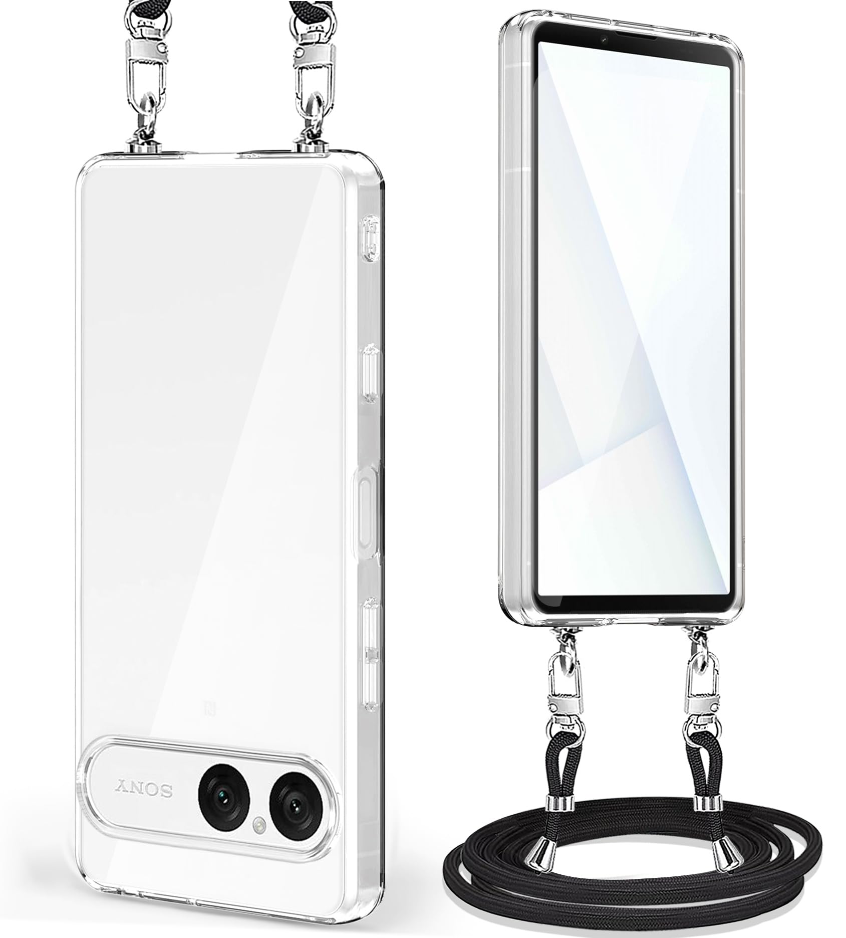 Xperia 10 VII ケース クリア ショルダー SO-52Fカバー 肩掛け 斜めかけ エクスペリア 10VII スマホケース 透明 耐衝撃 TPU 薄型 軽量 紐付き 織りストラップ付き ネックストラップ 長さ調整可能 取り外し可能 落下防止 (クリア)
