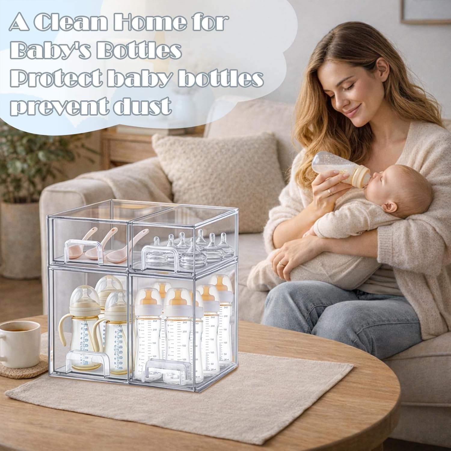 Baby Bottle Organizer-4 Pack Stackable Storage Drawers, Baby Organizers and Storage with Hooks, Clear Acrylic Multipurpose Bottle Storage for Countertop,Kitchen,Cabinet,Vanity,Bathroom