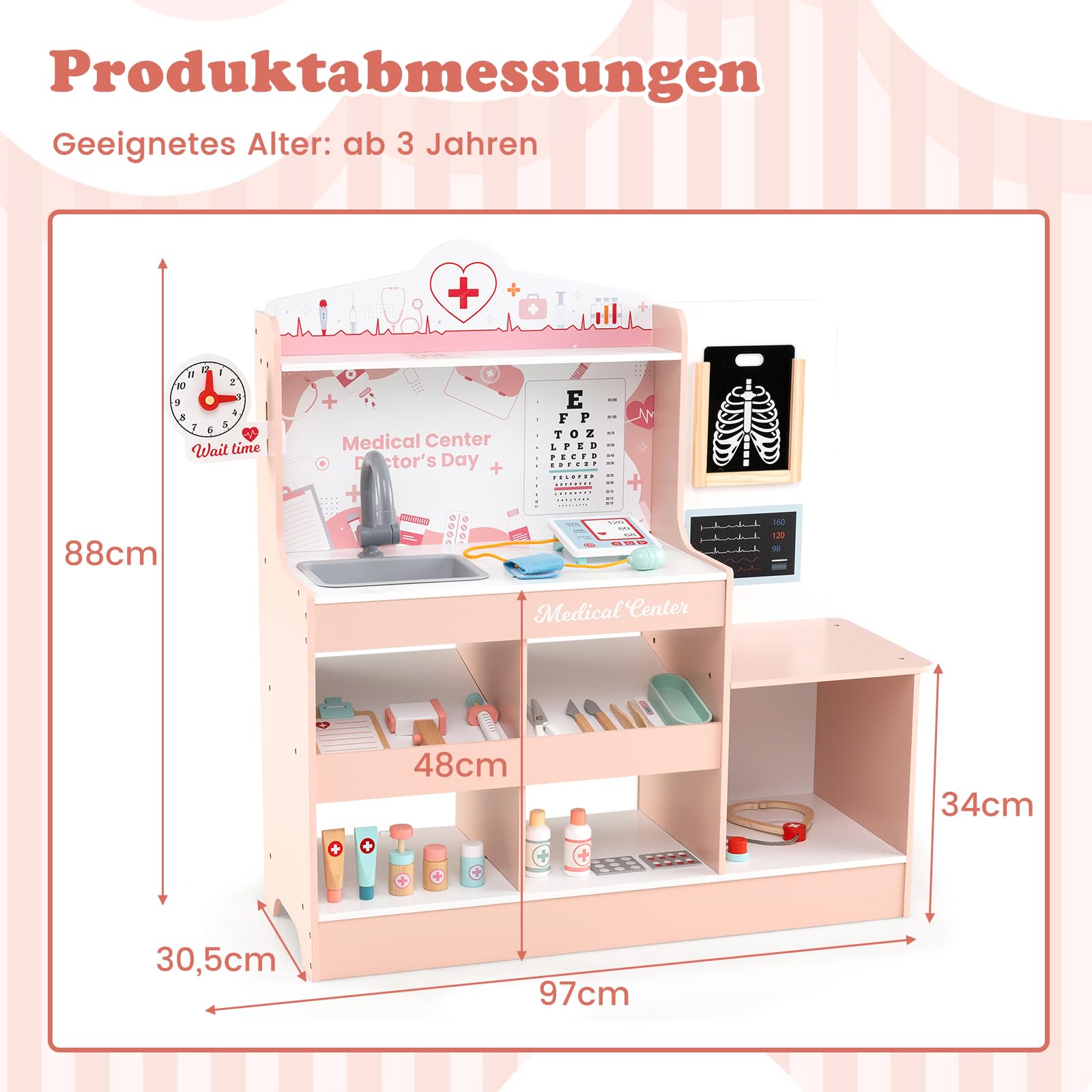 DREAMADE Krankenhaus Spielset, Arztkoffer Kinder aus Holz mit 24 Zubehörteilen, Stethoskop, Blutdruckmessgerät & Spüle, Arzt Rollenspielzeug für Kinder ab 3 Jahren (Rosa)