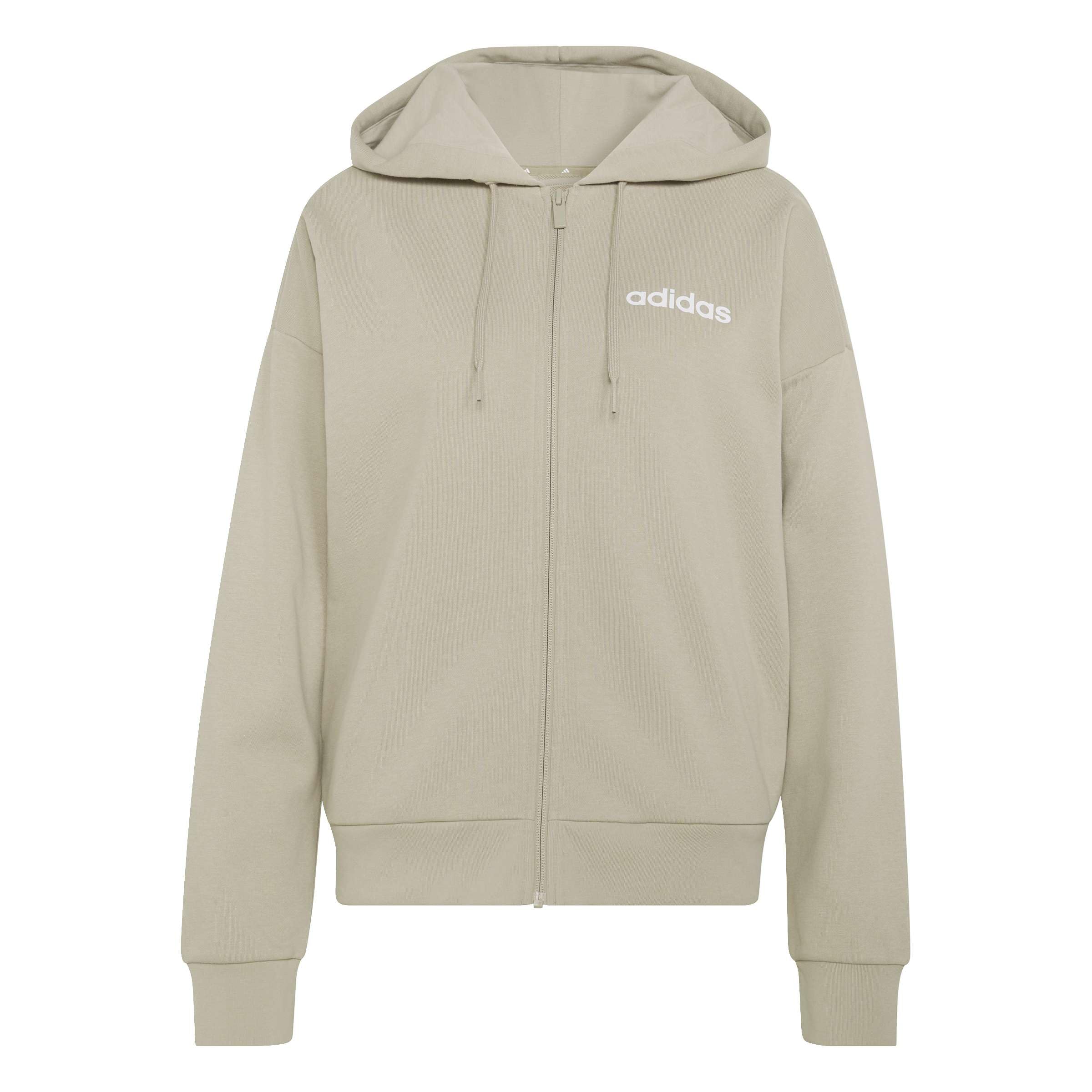 adidas Women's Essentials LINEAR Full Zip French Terry Hoodie, Wonder Cargo/White, XS