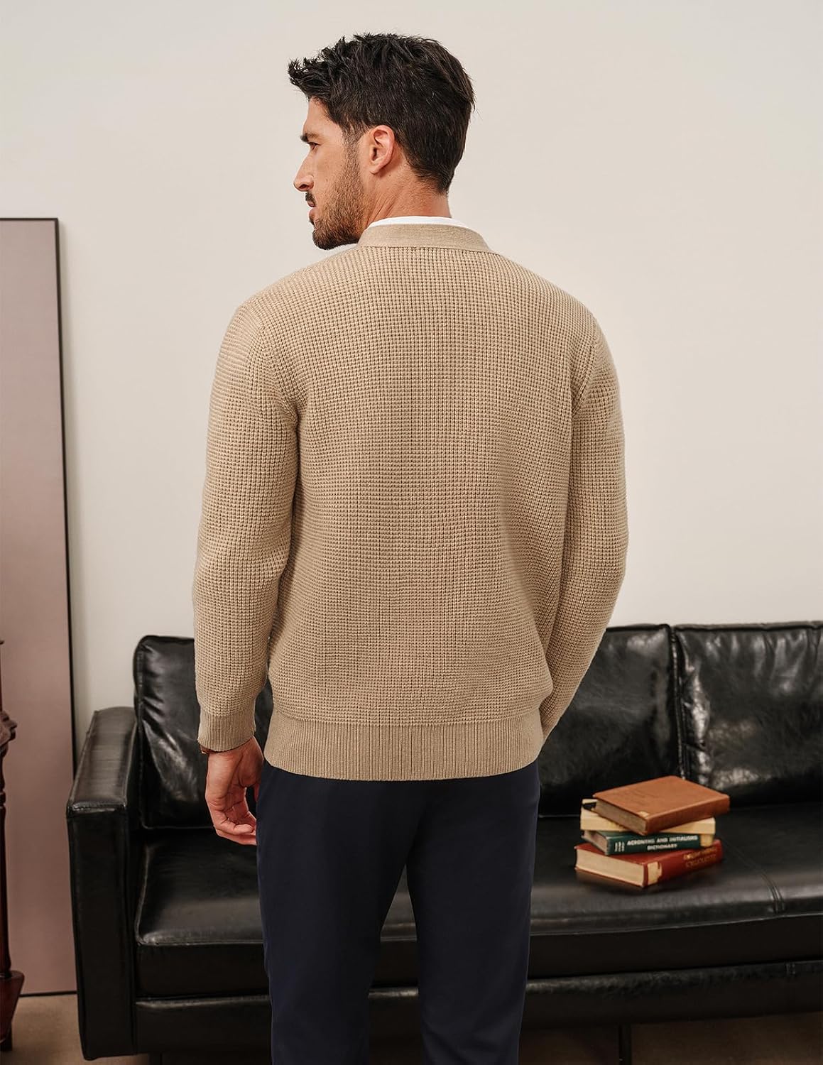 PJ PAUL JONES Mens Waffle Textured Cardigan Sweater Long Sleeve V-Neck Knitted Sweaters - Image 2