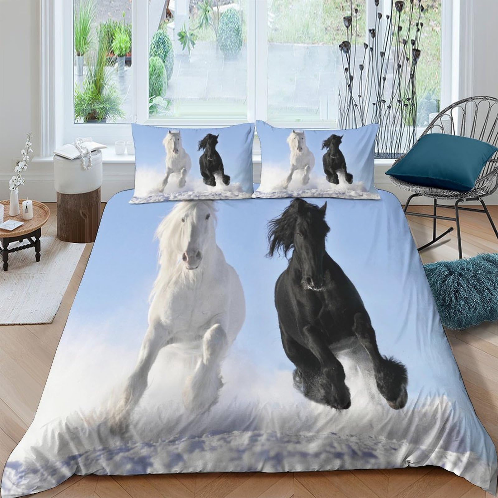 Housse de couette cheval de neige 3D en microfibre anti-glisse avec fermeture éclair