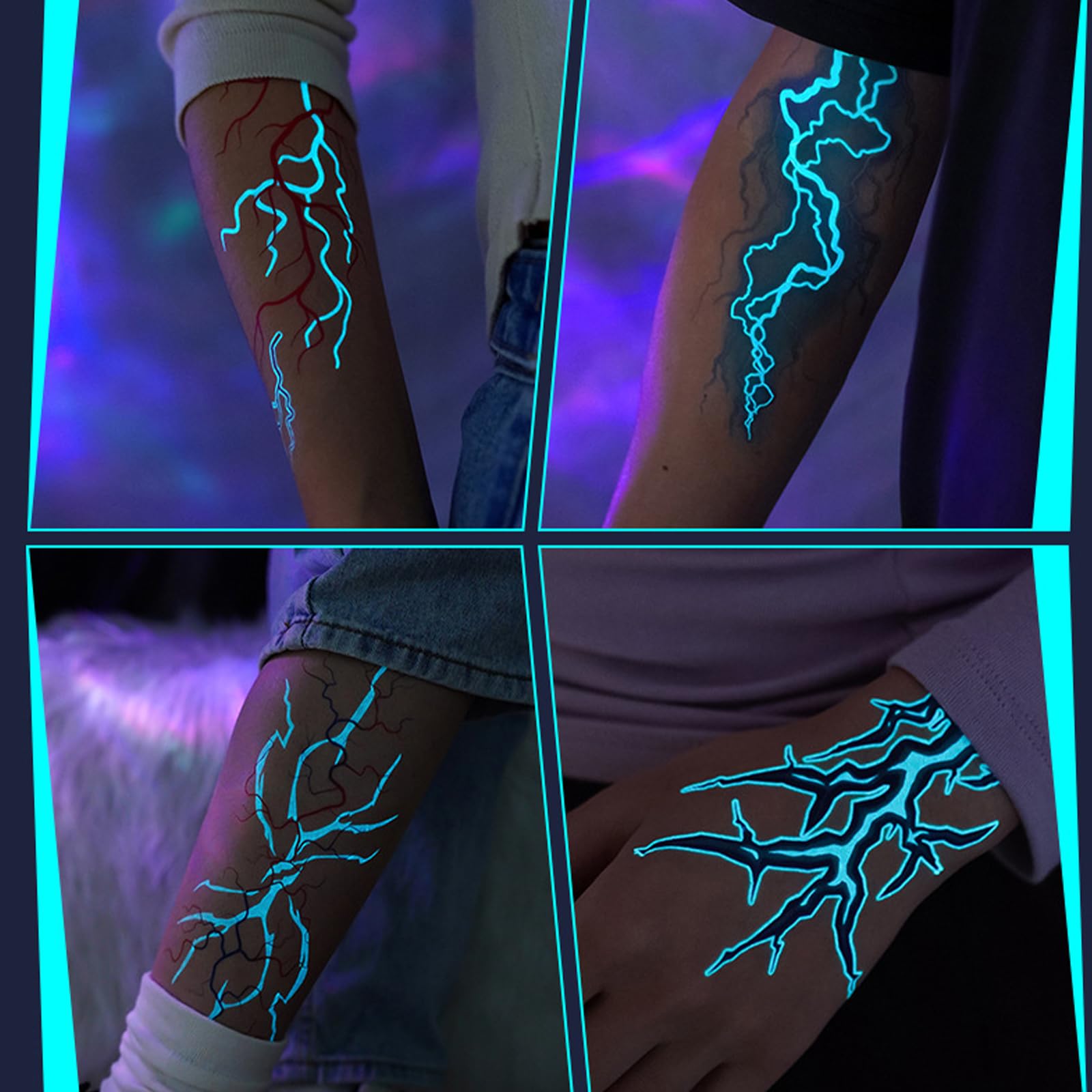 Qpout 12 arkuszy świecących tymczasowych tatuaży w ciemności, duży rozmiar, Anime Cosplay Bluelight, błyskawica, naklejki na rave, Halloween, imprezę taneczną, akcesoria