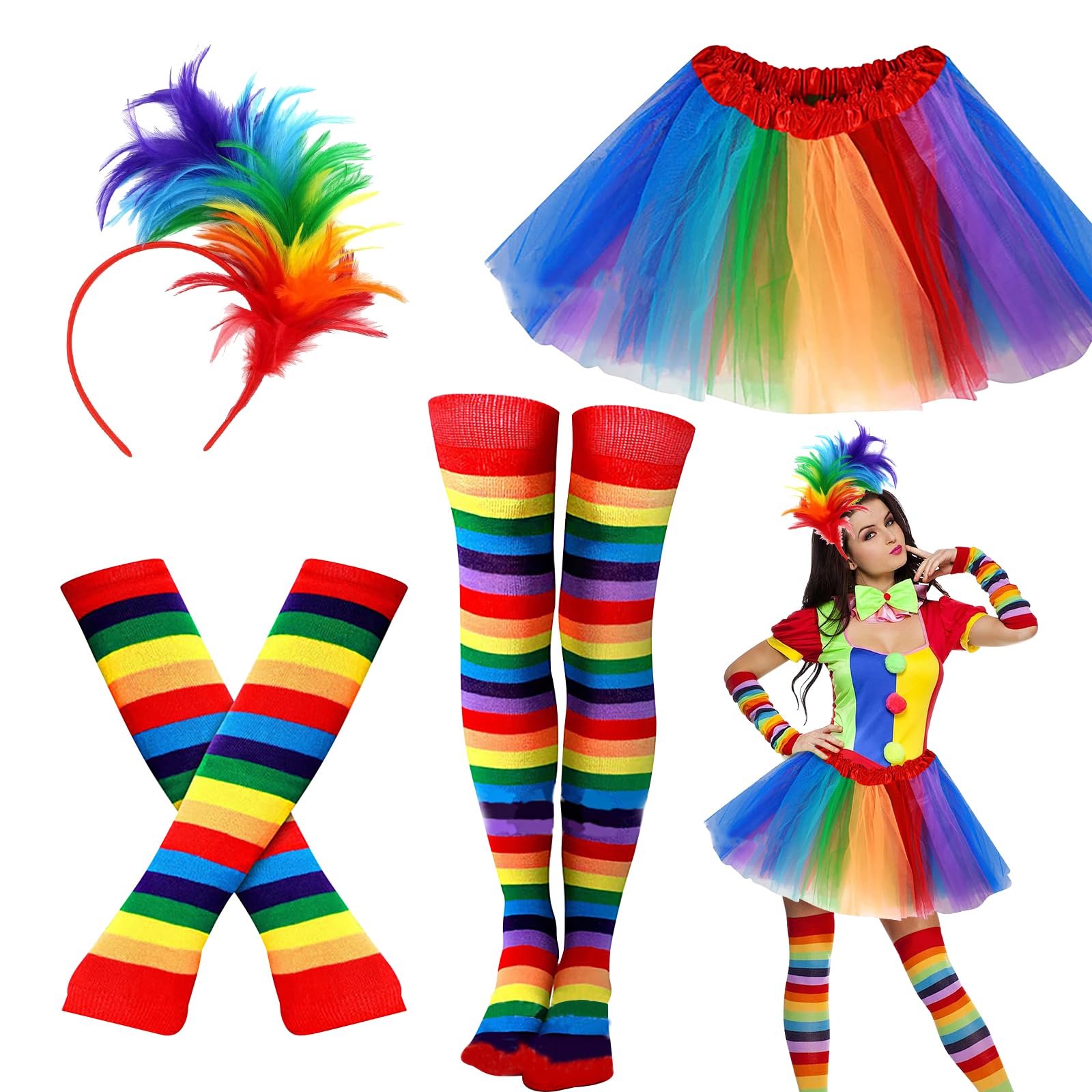 Phlognfy Karneval Regenbogen Damen Kostüm, 80er Jahre Kostüm Neon Zubehör Outfit, mit Regenbogen Tüllrock Handschuhe, Socken und Haarschmuck, für Halloween-Karnevalsparty der 80er und 90er Jahre
