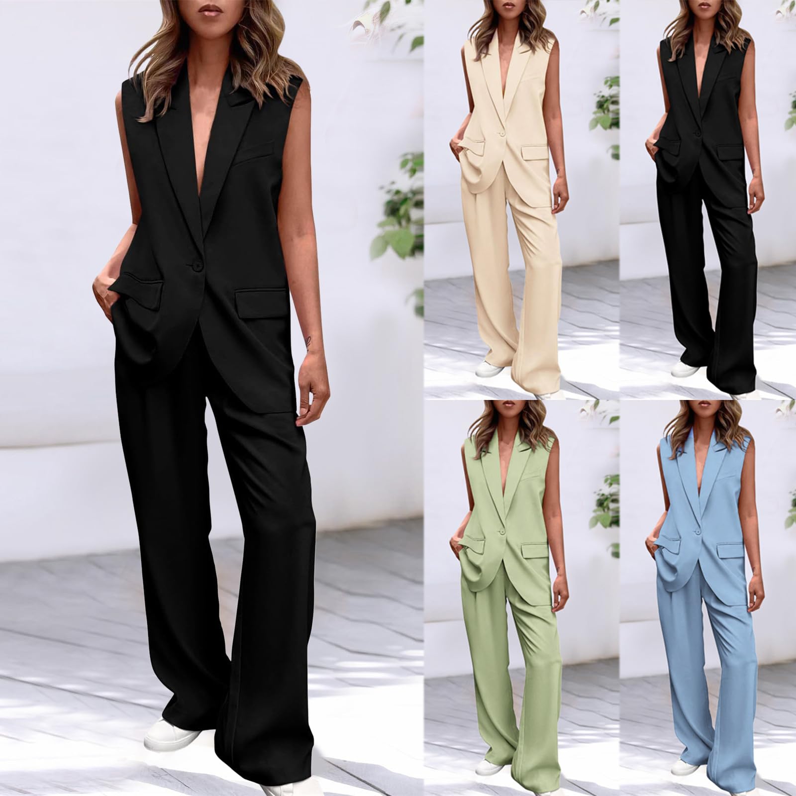 Traje de pantalón para mujer, elegante, 2 piezas, sin mangas, chaleco y pantalón, traje de dos piezas, chaleco corto y pantalones largos, conjuntos de salón con botones, traje de negocios
