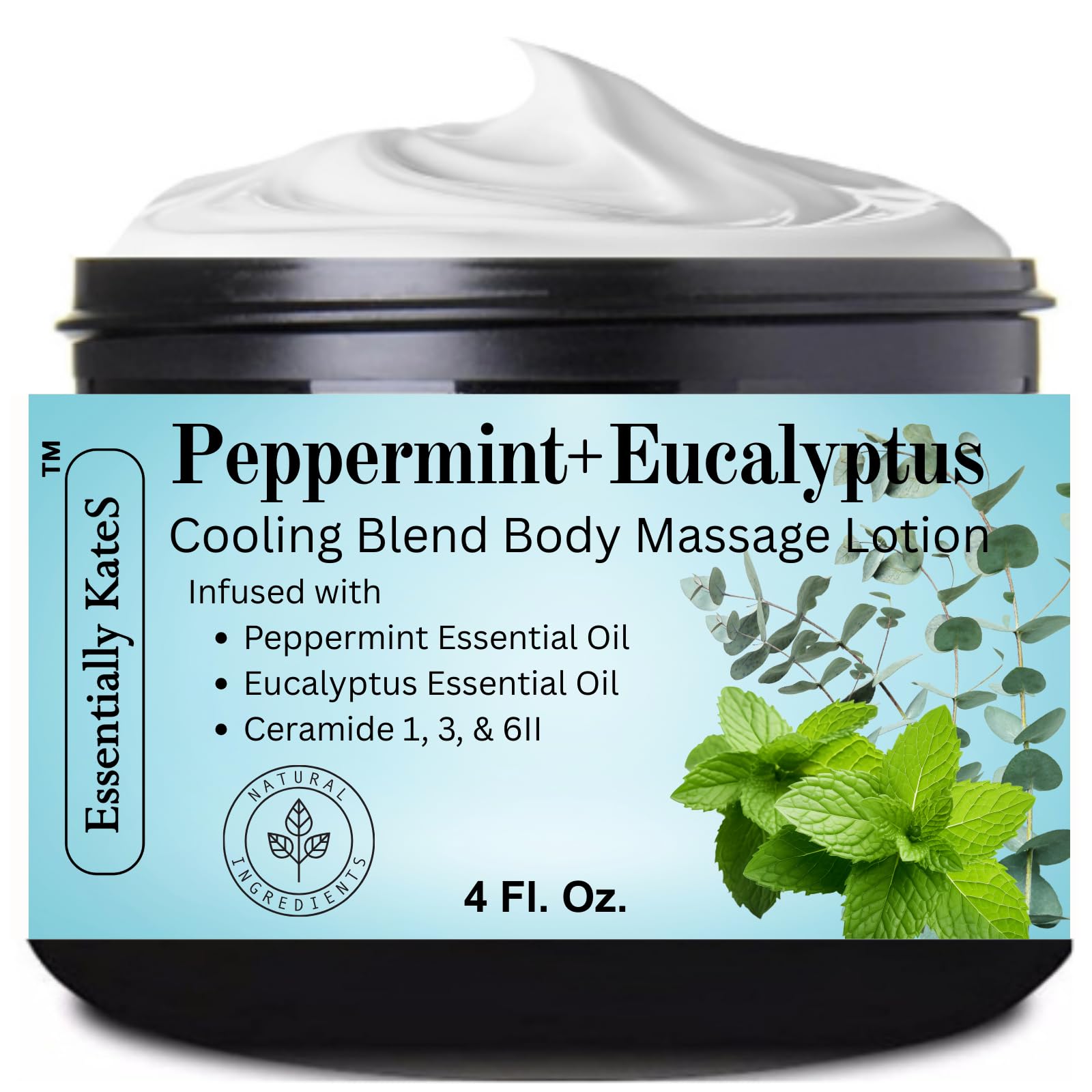 Essentially KateS Peppermint + Eucalyptus Cooling Blend Cream Lotion 4 Fl Oz - enriched with Ceramide 1, 3, and 6II - Soothing After Physical Activity - Providing comfort for overworked muscles.