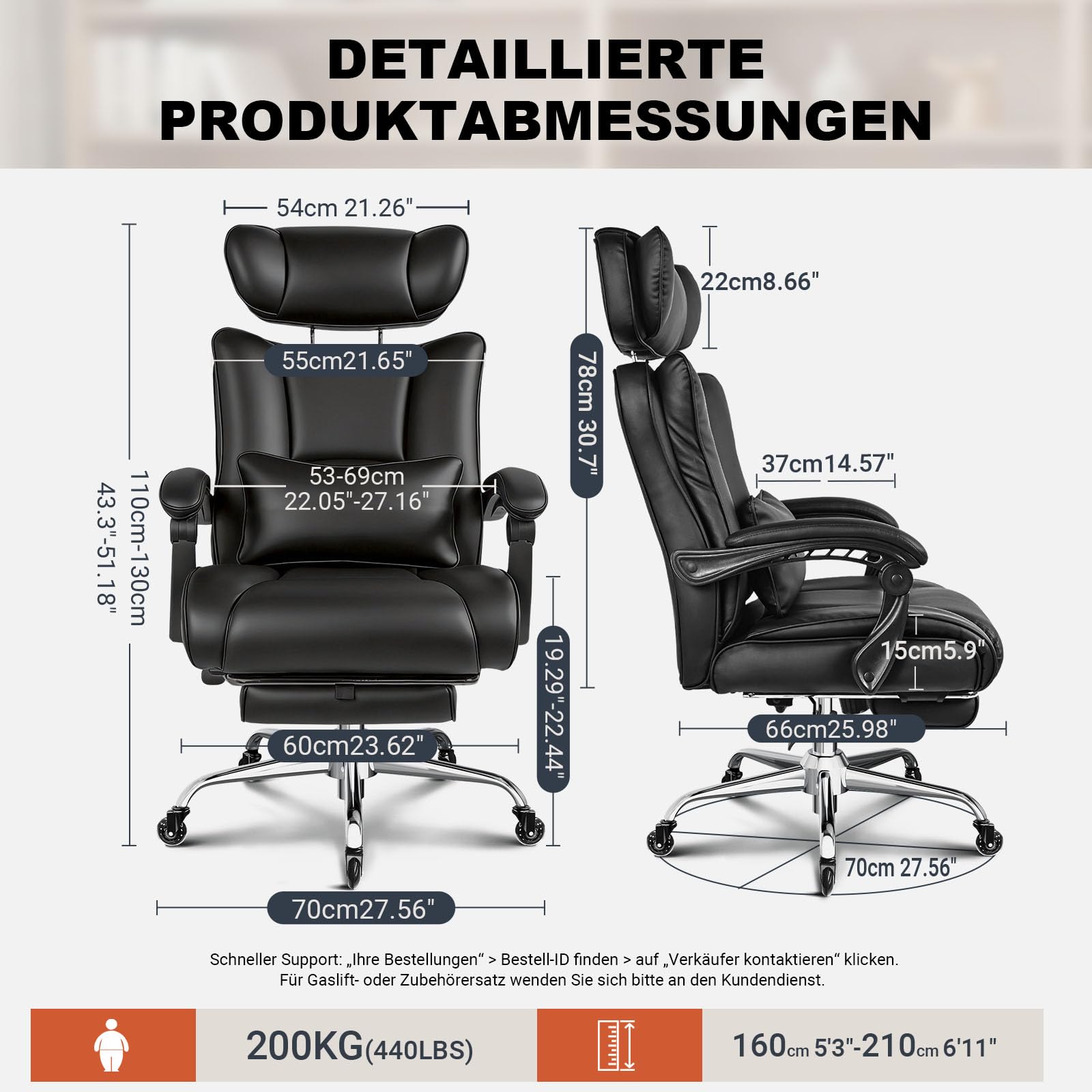 BASETBL Bürostuhl 200kg, Chefsessel mit 4-stufiger Gasdruckfeder, 3D Armlehnen, Verstellbarer Lendenstütze & Kopfstütze, Leises Gummirollen, XXL breiter Sitz, EN12520, ergonomischer Schreibtischstuhl