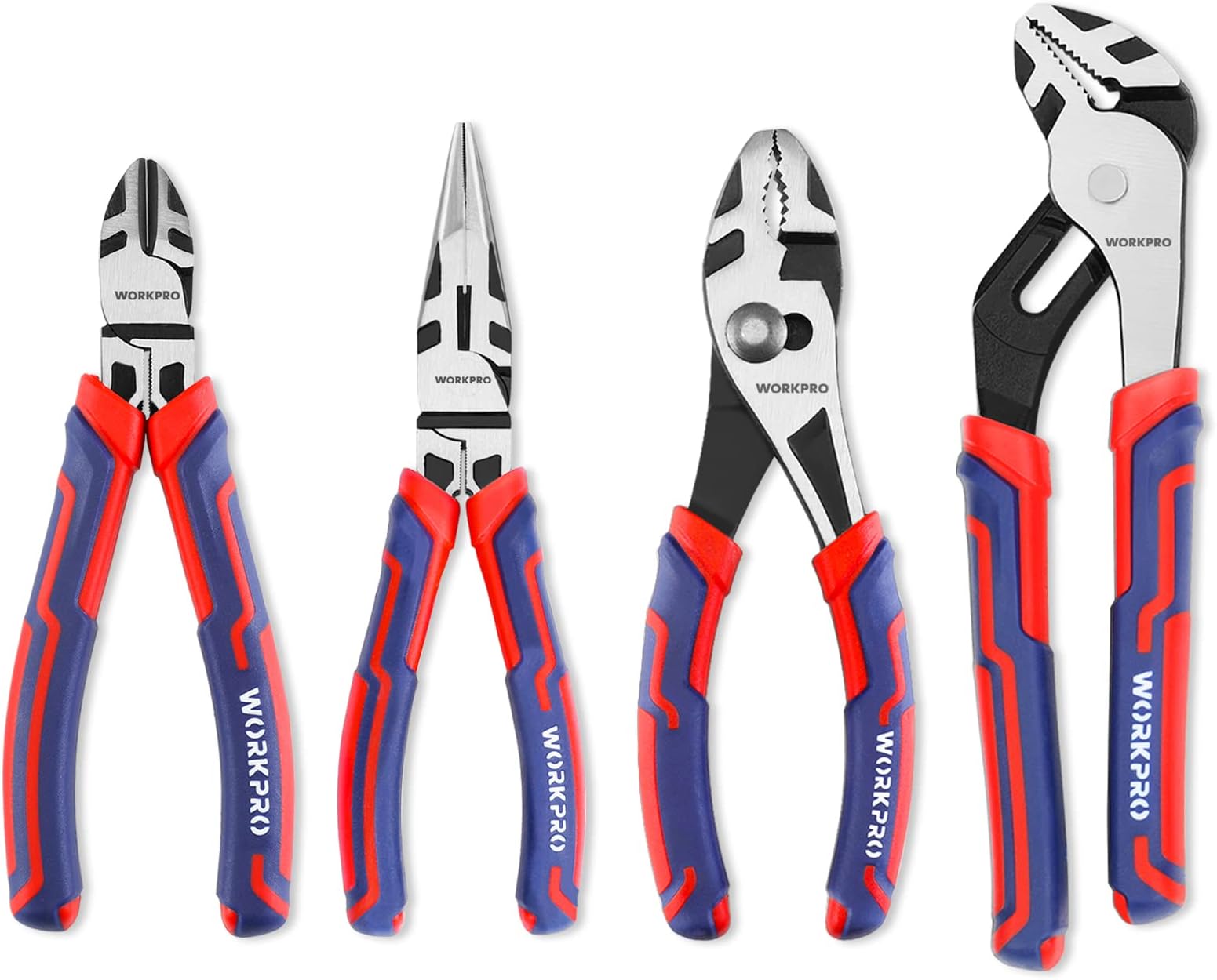 - 4-Piece Pliers Set - Premium CR-V Construction Tool Set Including Long Nose, Diagonal Cutting, Groove Joint and Slip Joint Pliers - Red
