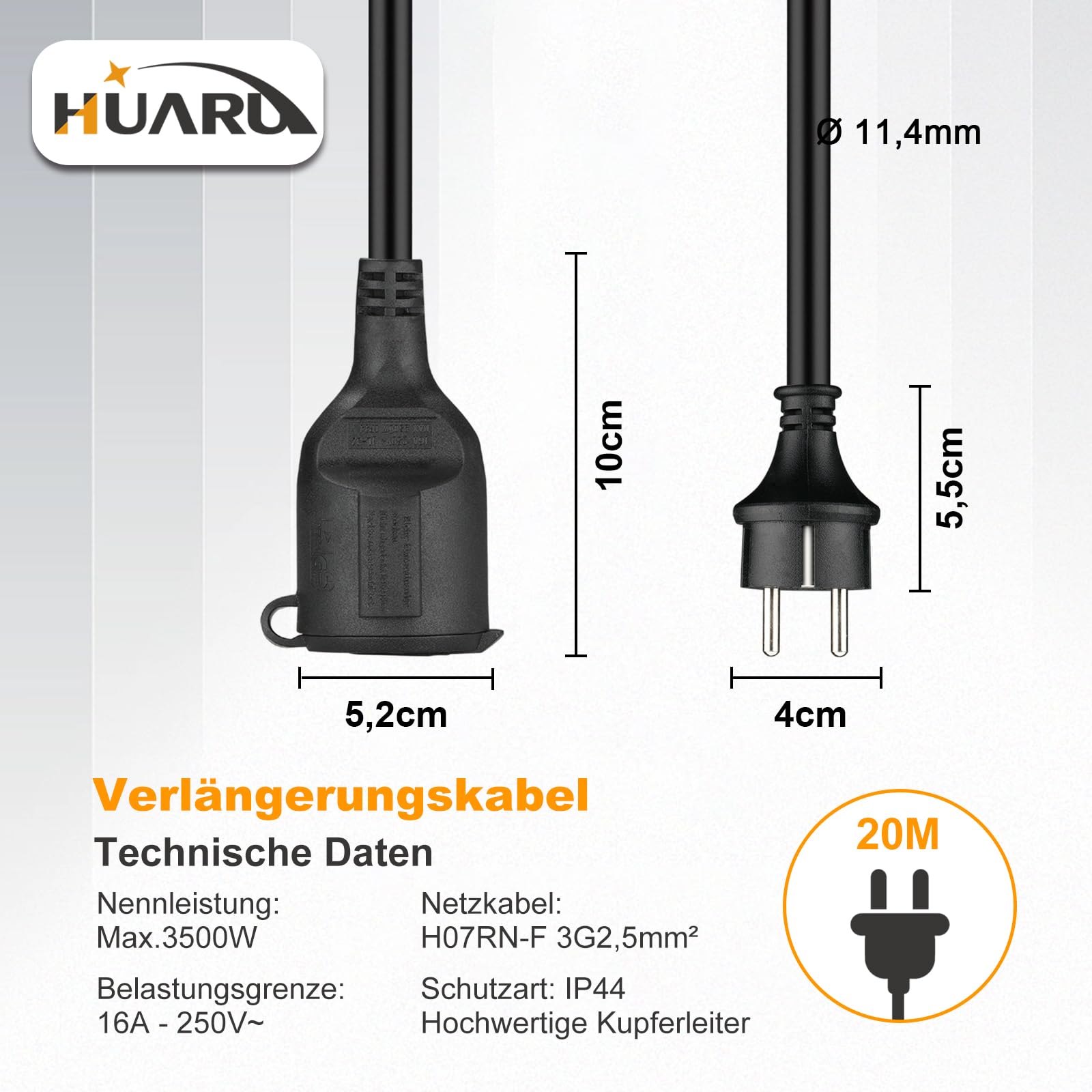 Cable alargador exterior 20 m con tapa protectora H07RN-F 3G 2,5 mm², cable de alimentación de goma alargador con enchufe Schuko para exteriores IP44, cable eléctrico exterior, 3500 W, 16 A 250