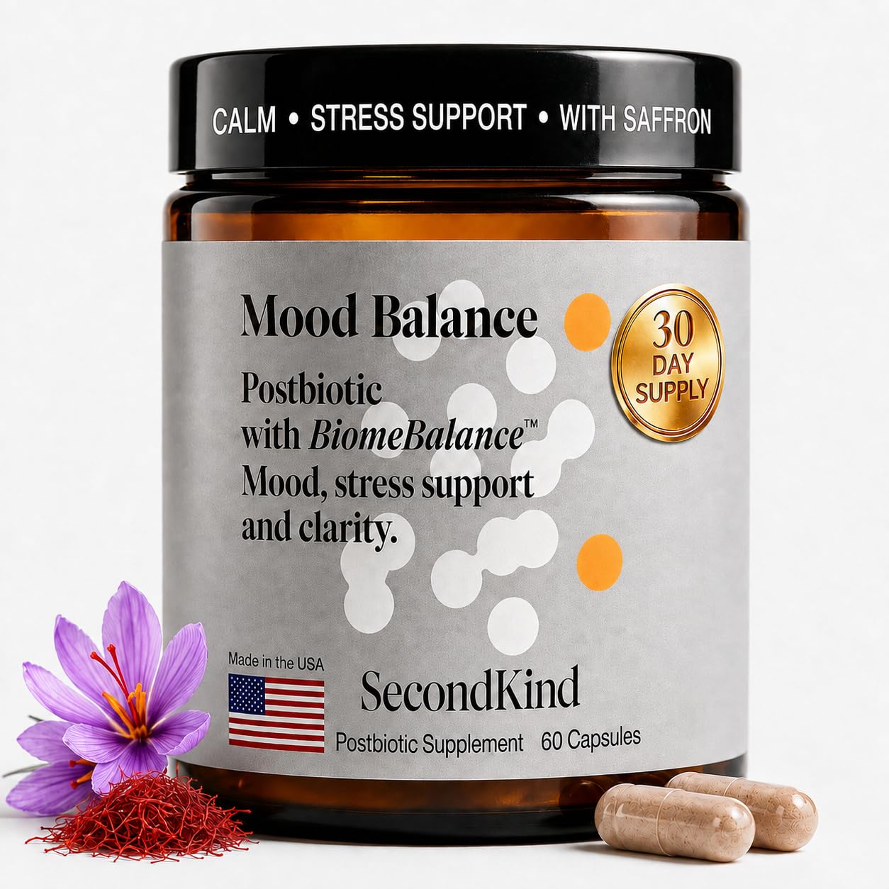 SecondKind Anxiety & Stress Relief Supplement – Saffron & Postbiotic Supplement for Emotional Support – 1000x More Active Ingredients Than Probiotics. Made with BiomeBalance™ in the USA, 60 Capsules
