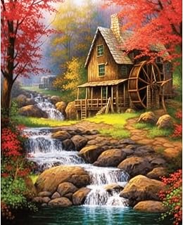 Cottage Waterwheel Paint by Number for Adults, DIY Digital Oil Painting Kits on Canvas with Brushes and Acrylic Pigment Forest Waterfall Landscapes Picture for Home Decor 16x20inch (Frameless)