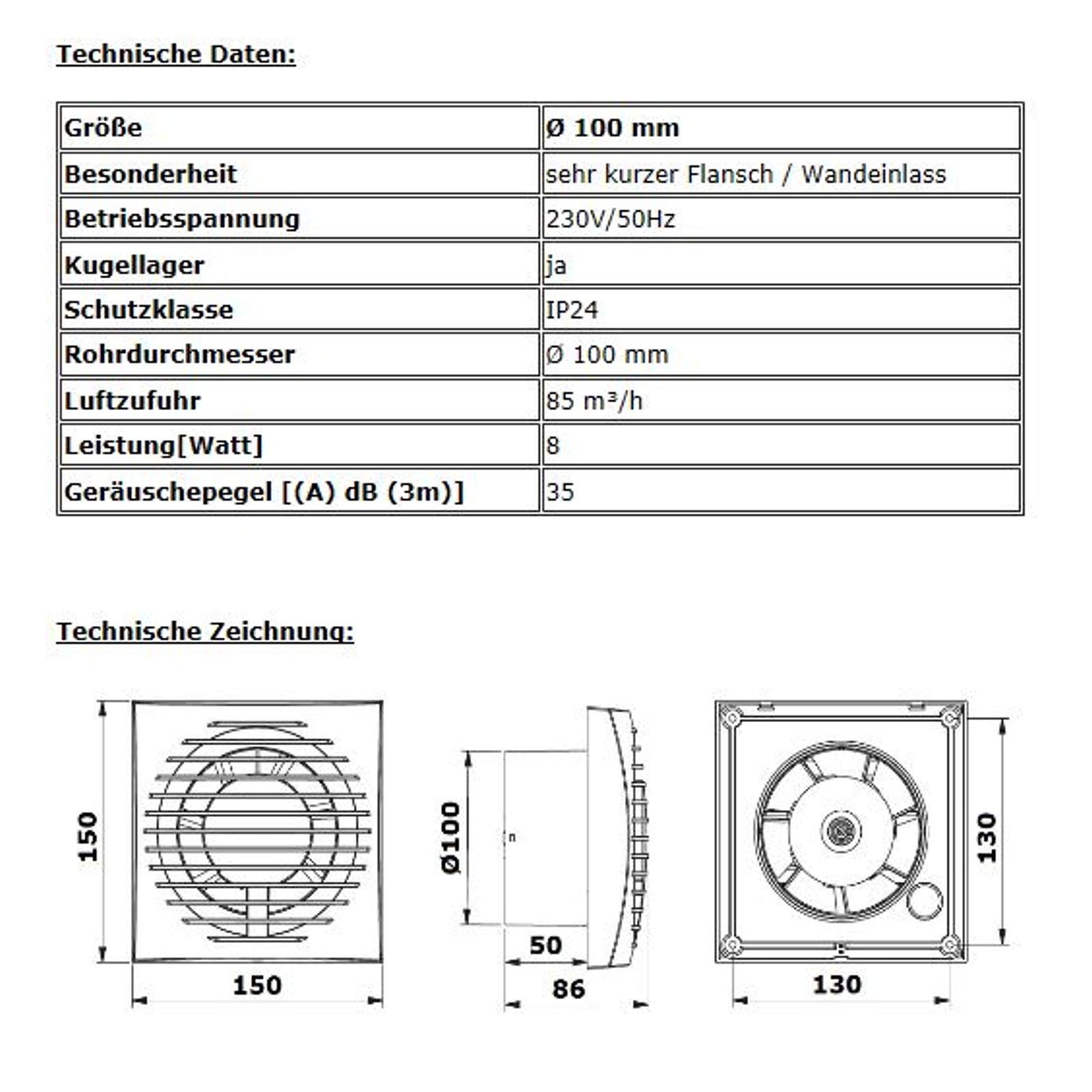 VONLIS Badventilator Badlüfter Lüfter Bad Ventilator Einbautiefe 50 mm kurz Ø 100 mm Feuchtesensor/Hygrostat ja