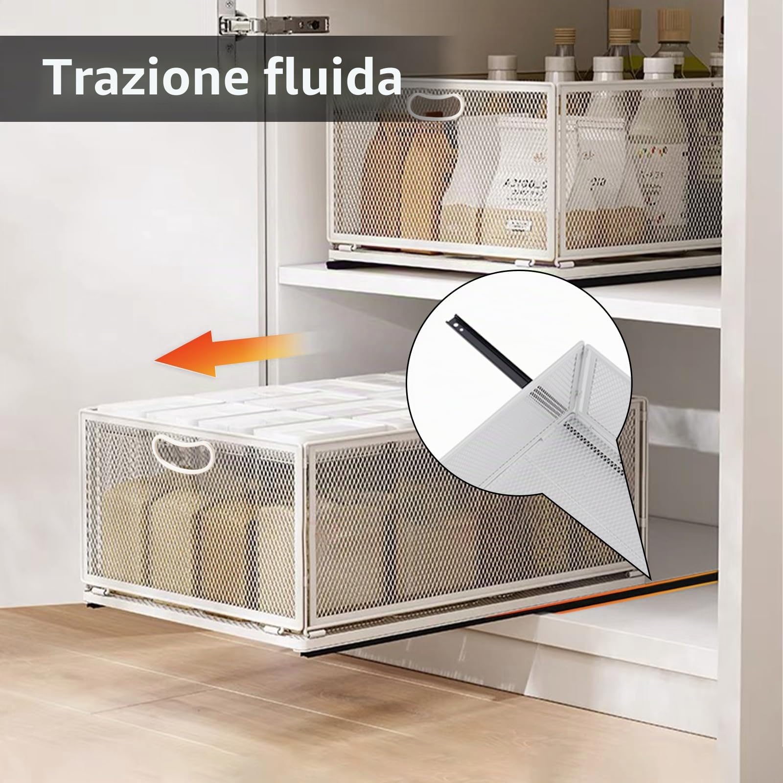 Cestello scorrevole per armadietto, organizer per cassetti, autoadesivo, per dispensa, resistente, in acciaio al carbonio, con maniglia, per bagno, cucina, casa