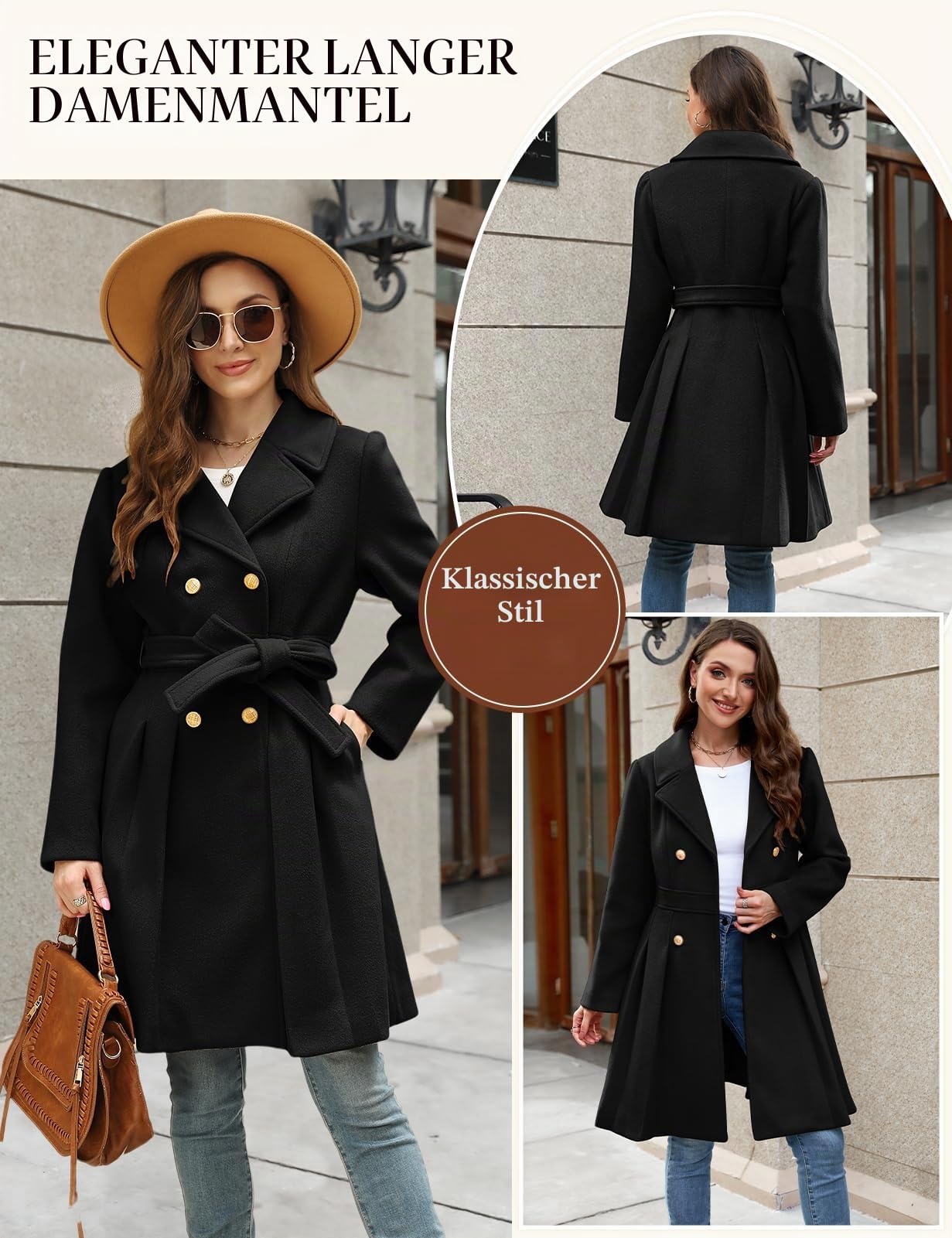 Vancavoo Damen Mantel Wintercoat Elegant Wollmantel Lang Winterjacke Revers Zweireihiger Coat Knielang Trenchcoat Winter A-Linie Jacke Outwear