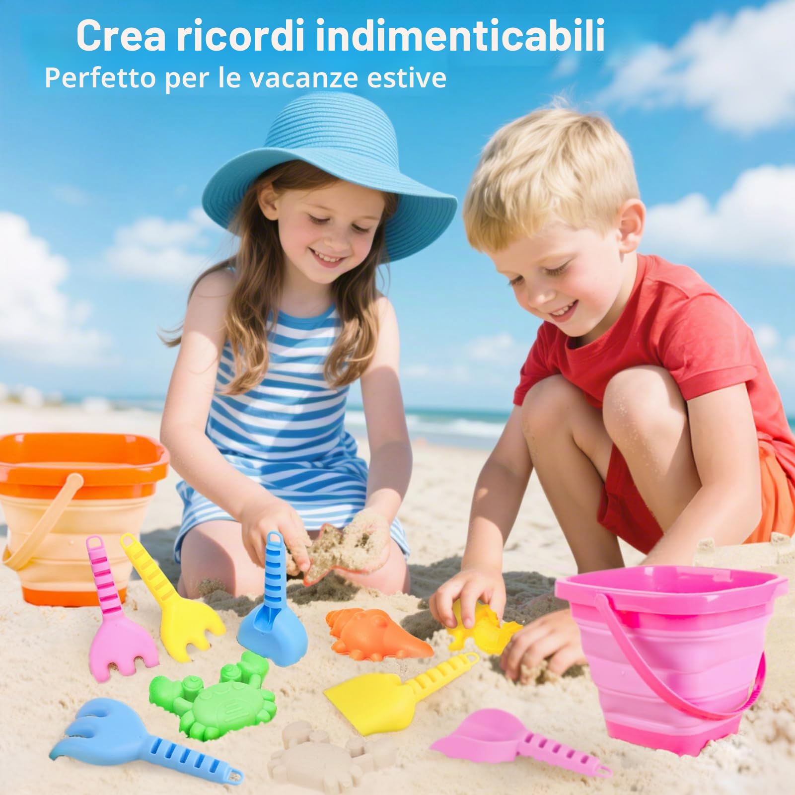 Dreamon Giochi Spiaggia Bambini, Giocattoli di Sabbia da Viaggio con Secchiello Pieghevole Bambini, 14 PCS Giocattoli da Spiaggia per Bambini Ragazzi Ragazze