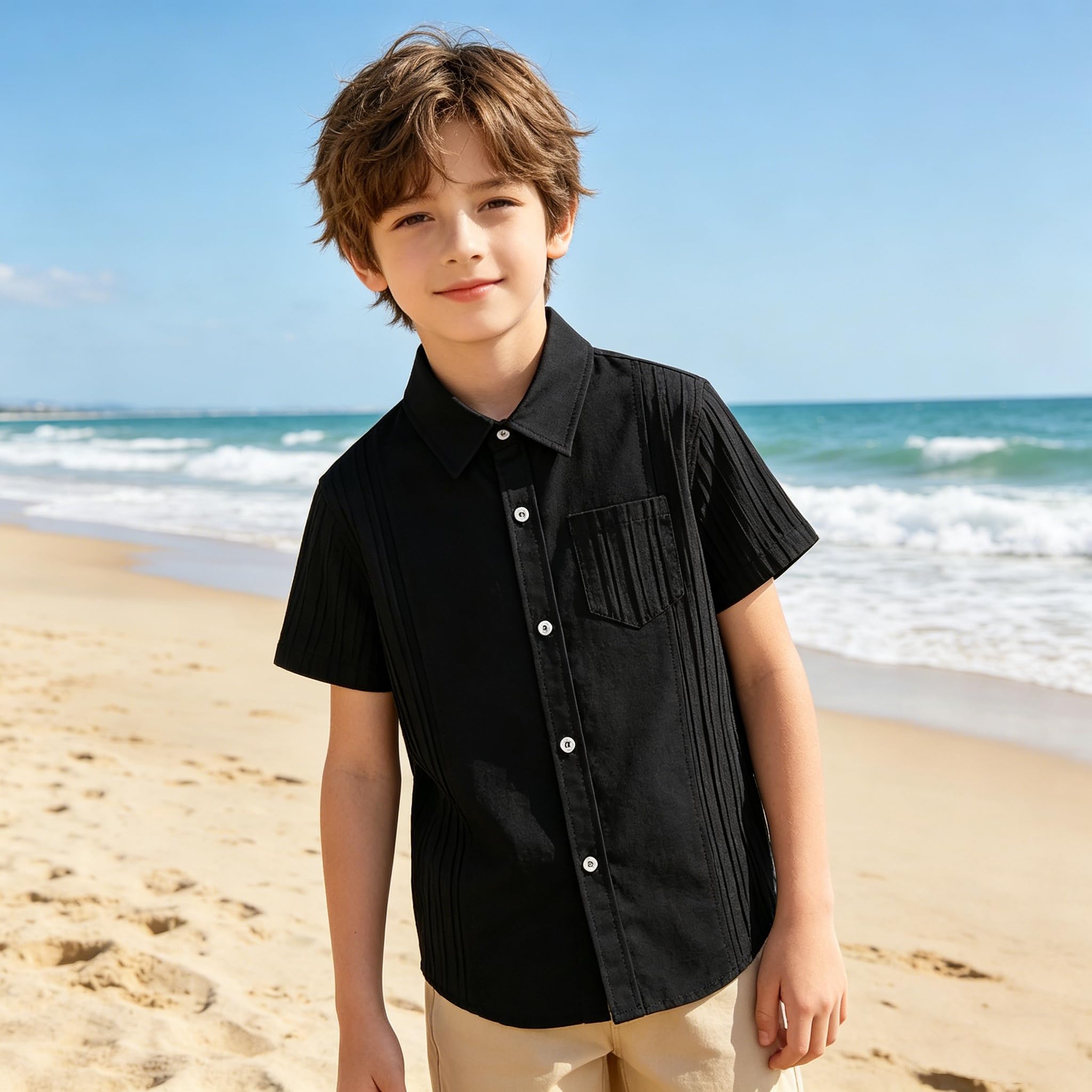 LOLANTA Camicia a Maniche Corte per Ragazzi in Cotone e Lino, Bambino Camicia Cubana Casual con Bottoni per Estate, 5-12 Anni