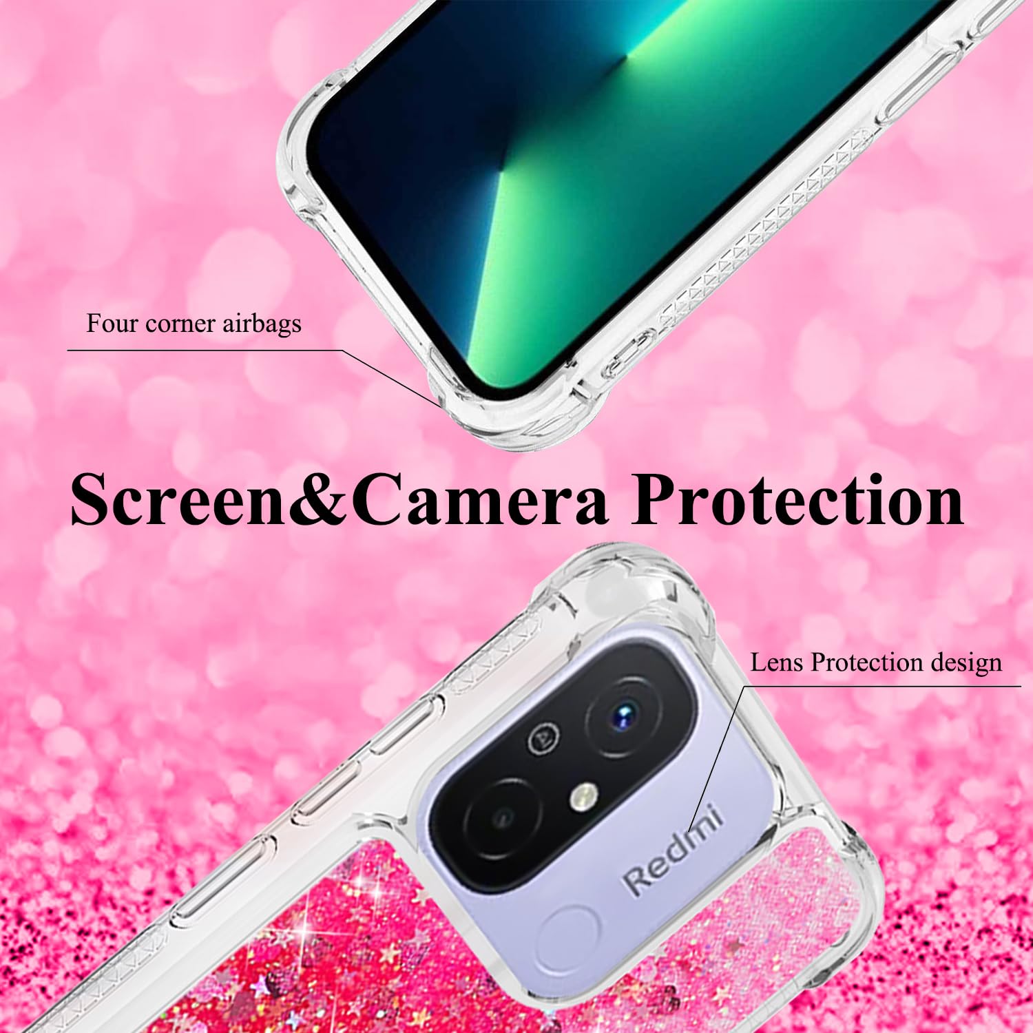 Vauki Cover Glitter per Xiaomi Redmi 12C con Cordino,Custodia Brillantini Liquido Quicksand, Trasparente Bling Sabbie Donna Morbido Silicone Antiurto Protettivo Case per Redmi 12C 6.71