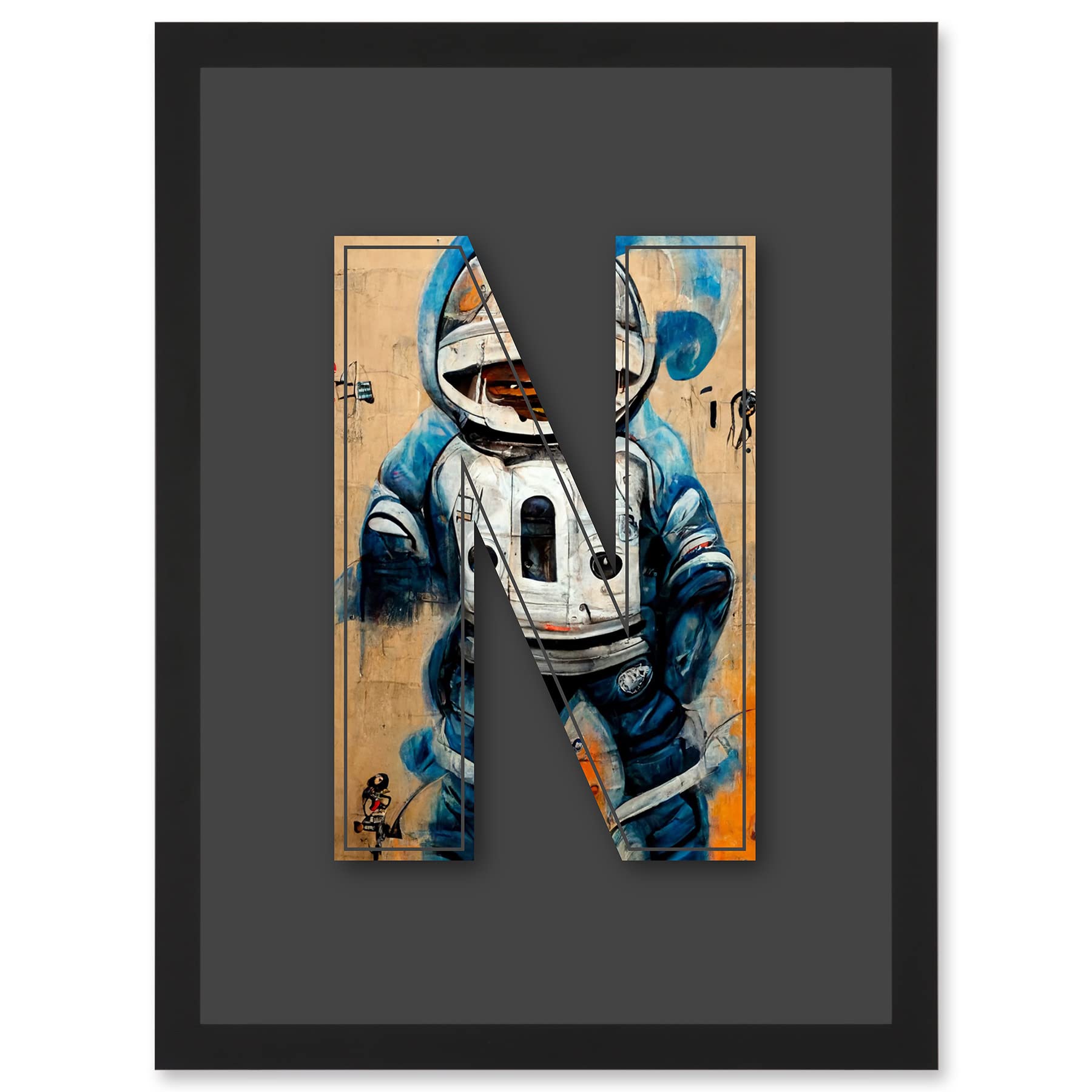 Letter N Space Man Graffiti Mural Alphabet Stencil Framed Wall Art Print A4 - Artery8