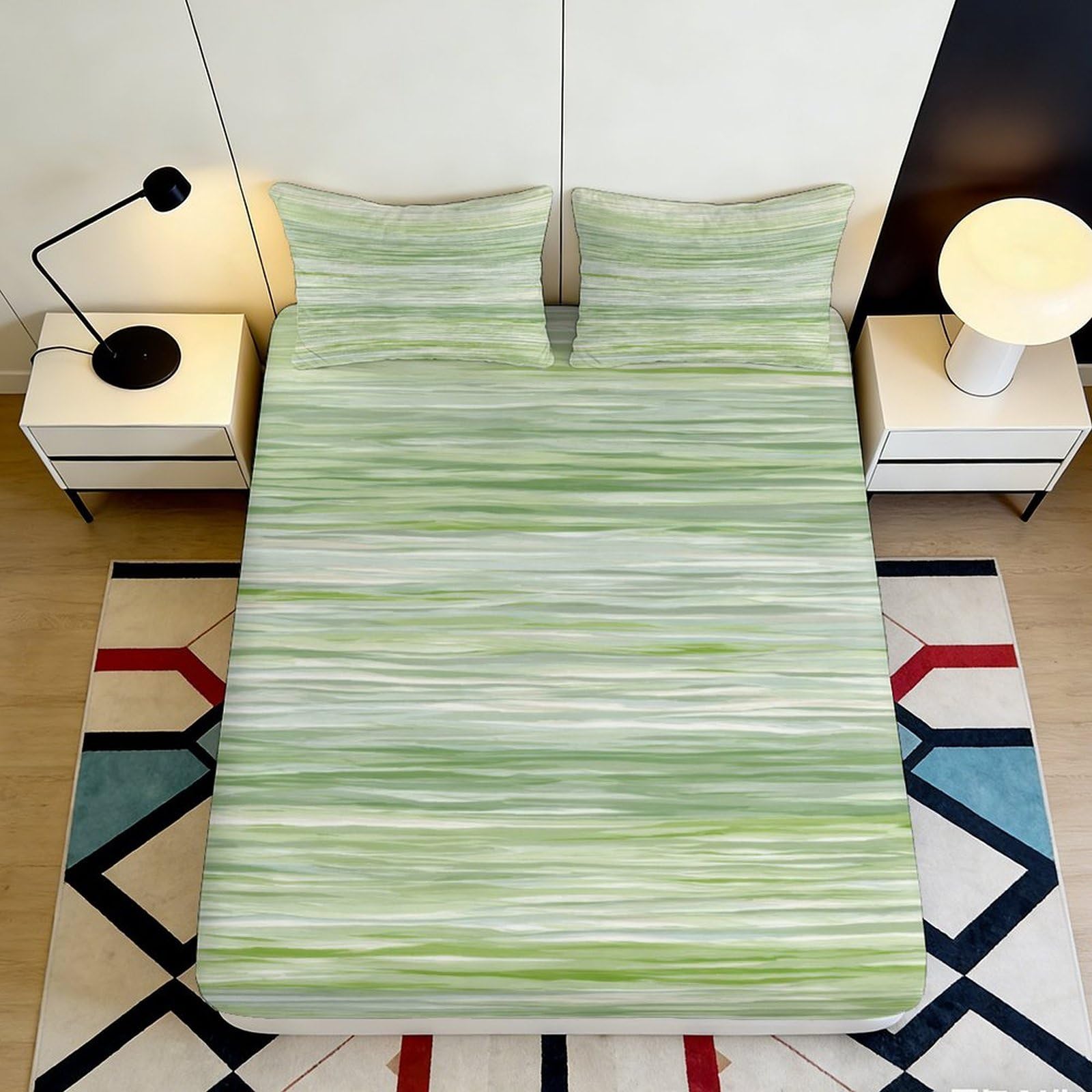 3D Printed Green Watercolor Stripe Fitted Sheet Microfiber Soft Mattress Cover Bedroom Dorm Decor Easy Care 90x200x25cm
