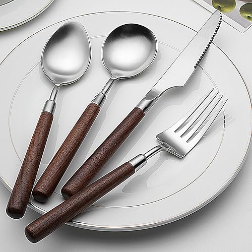 Juego de cubiertos para 6, 24 piezas de cubiertos de acero inoxidable con mango de madera, incluye cuchillo para carne, tenedor y cuchara, juego de