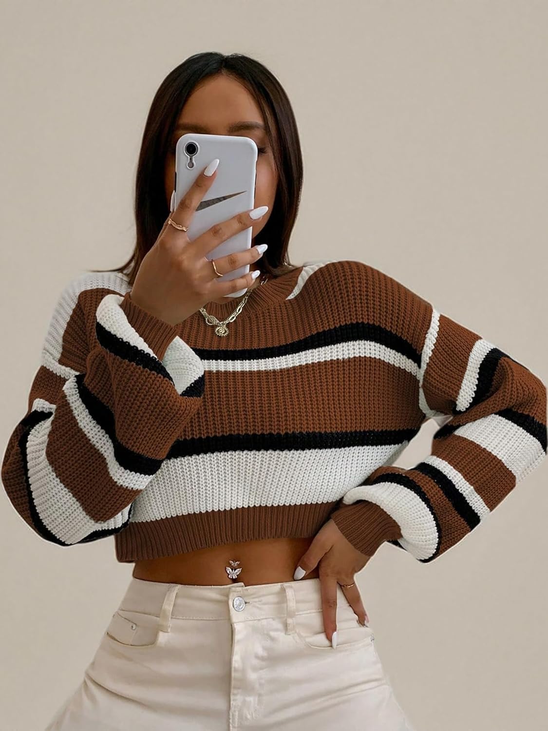 ZAFUL Women's Color Block Striped Sweater Crew Neck Lantern Sleeve Cropped Sweaters Casual Loose Knitted Tops - Image 6