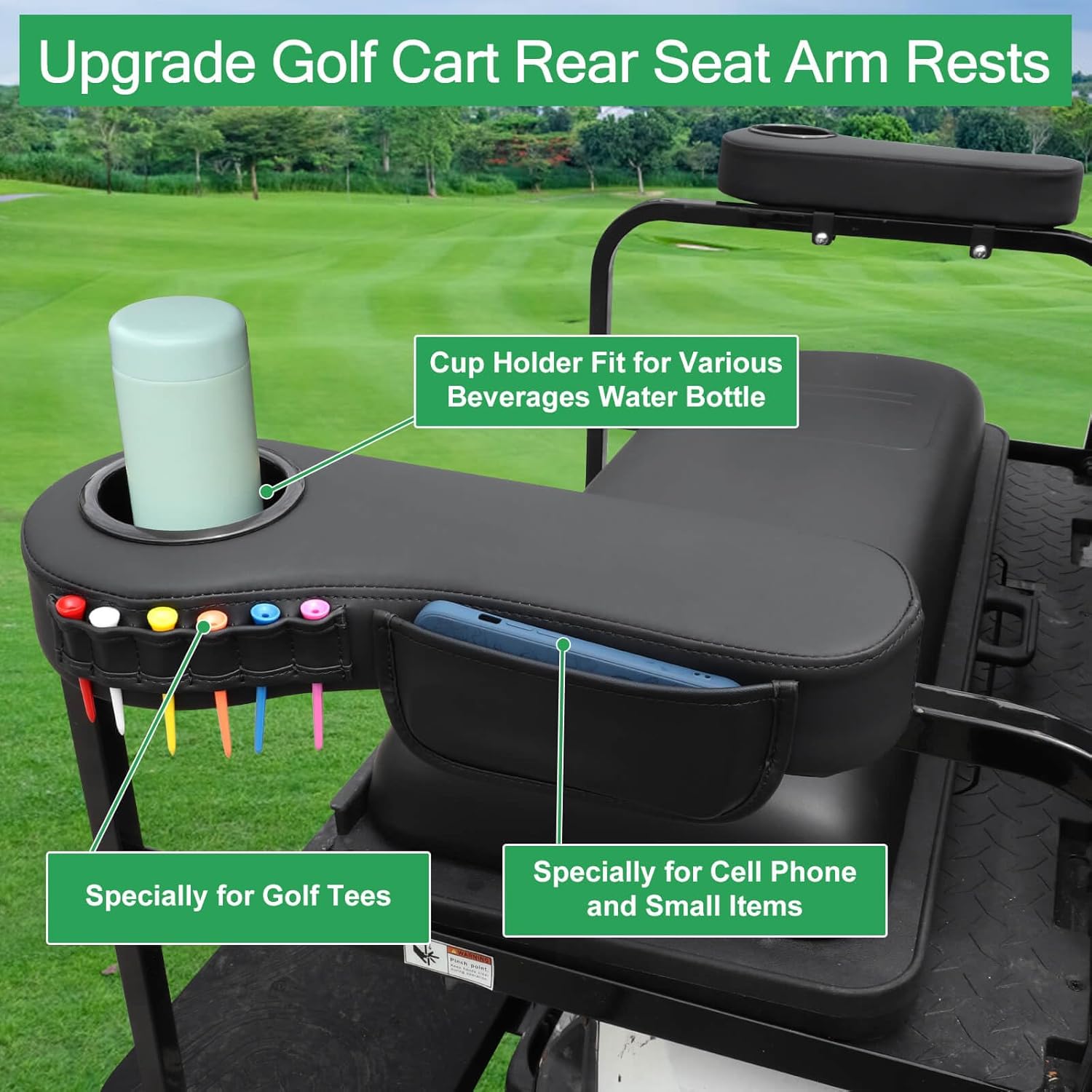 MOSNAI Golf Cart Armrest with Cup Holder for Club Car EZGO Yamaha Rear Seat 1-Inch Square Tube, Upgrade Golf Cart Armrest with Phone Storage Pouch, Upgrade Support Frame, Better Load Bearing