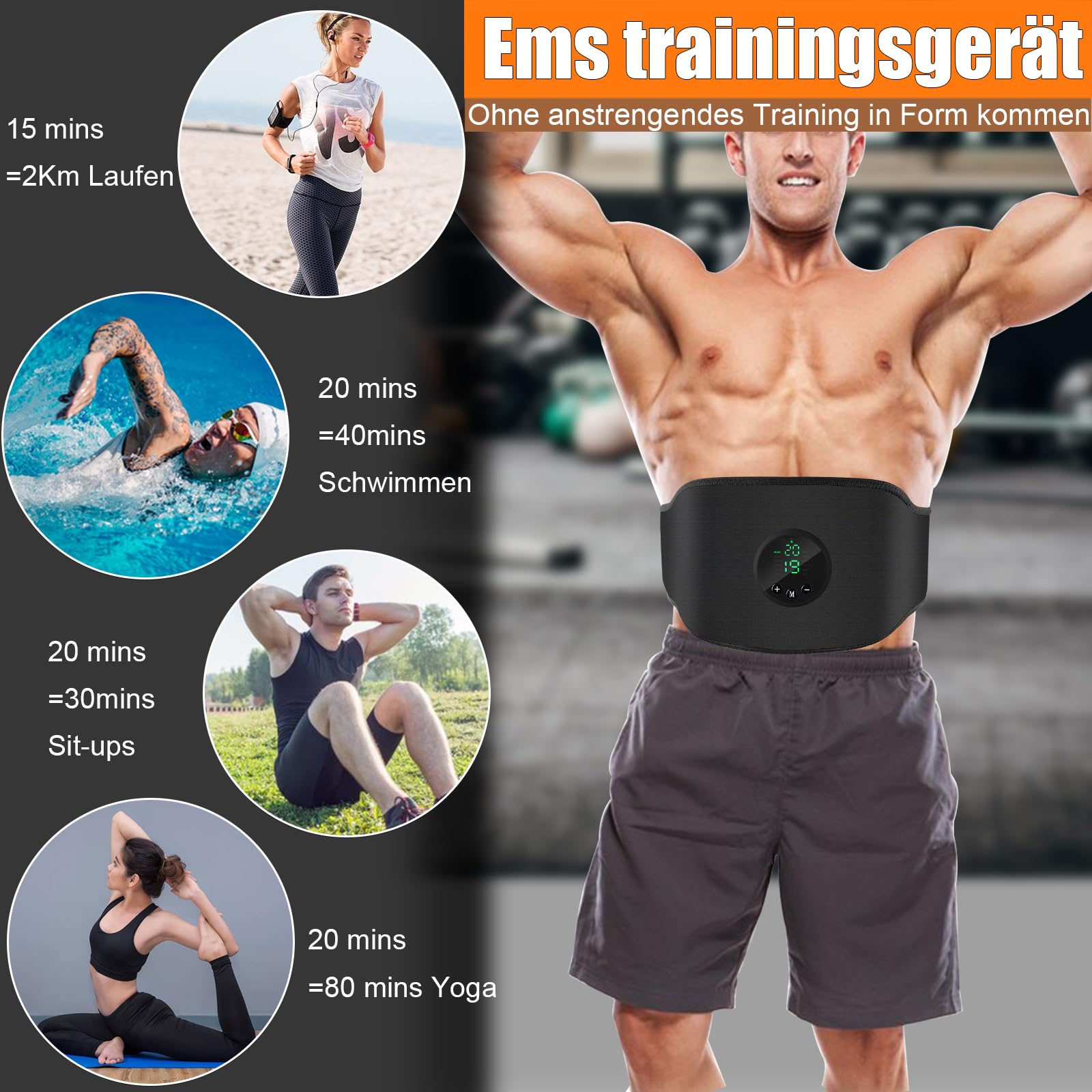 Tosucs EMS Bauchmuskeltrainer elektrisch,EMS Trainingsgerät,Power abs Stimulator Stimulateur musculaire USB Wiederaufladbar Avec 12 Modes et 19 intensités für Männer und Frauen
