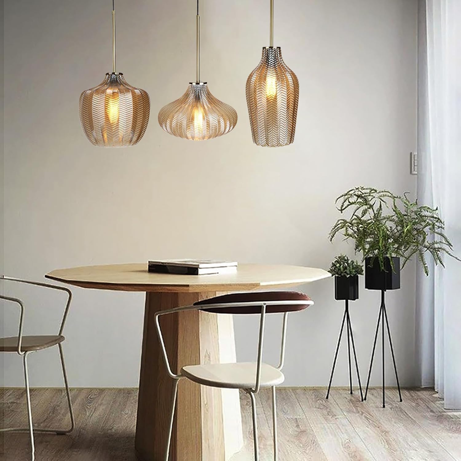 Retro Vintage Amber Glass Pendant Lights Cage Shade with Gold Rod Farmhouse Pendant Hanging Lamp (B)