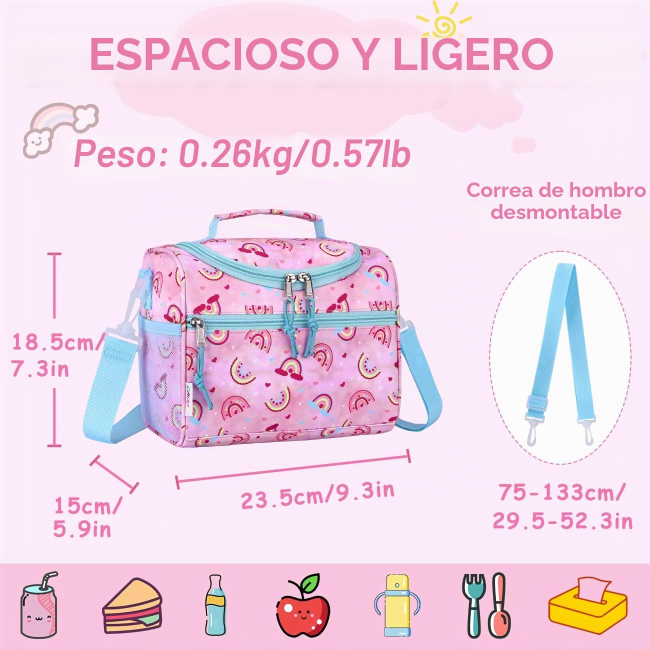 RAVUO Bolsa Termica porta Alimentos Infantil,Bolsa Almuerzo para Niños Niñas Bolsa Isotermica Loncheras con Correa de Hombro Ajustable para Escuela Guardería Picnic 6.5 L
