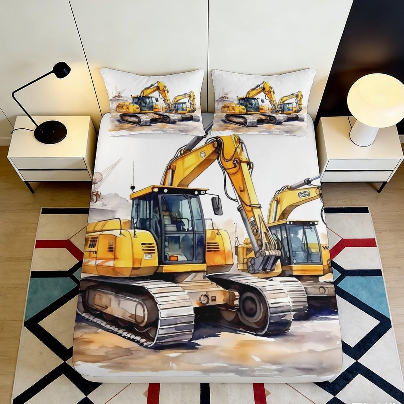 3D Printed Digger Fitted Sheet Microfiber Bedroom Bedding Deep Pocket Non-Slip Digger Mattress Fitted Cover Elastic Hem Washable for All Ages 140x200x25cm