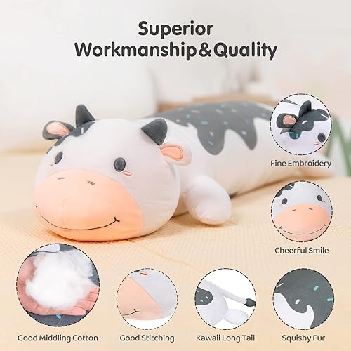 Miniatura 4 de Mewaii Almohada corporal de felpa de vaca, 25 pulgadas, animales de peluche Kawaii de vaca lechera, almohada larga y esponjosa para niños, regalos