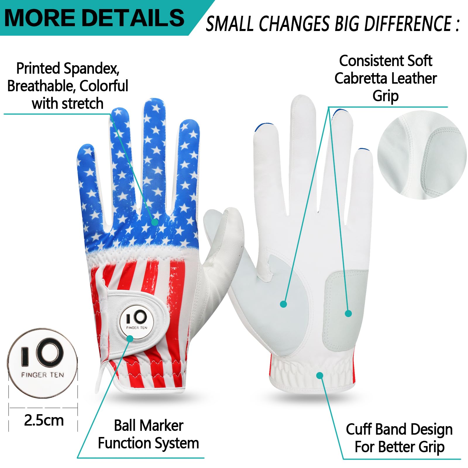 FINGER TEN Golf Gloves Men Left Hand Right Leather With Ball Marker Printed Grip 2 Pack - Image 2