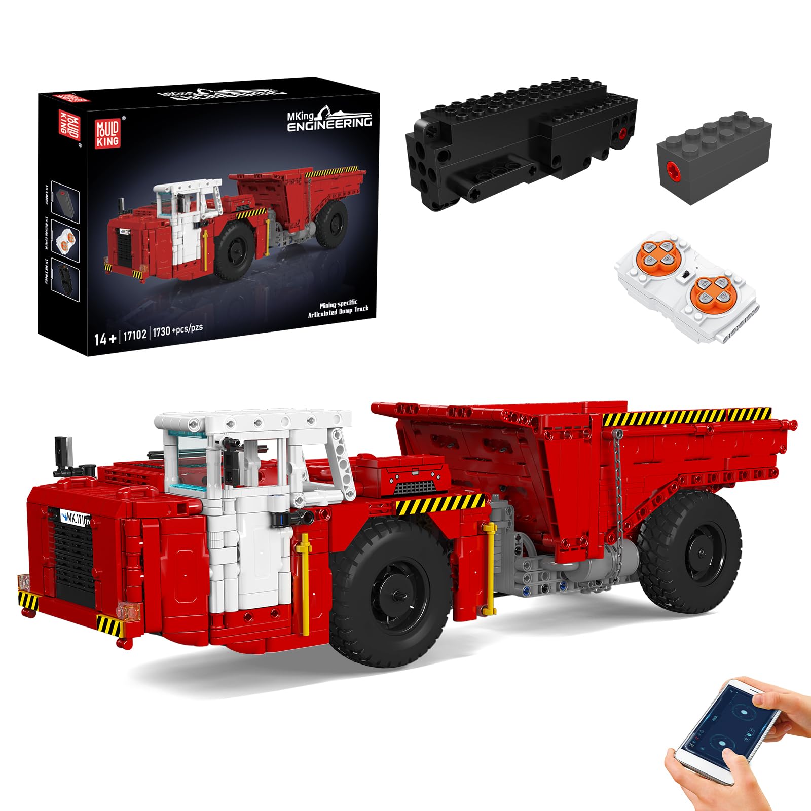 Mould King 17102 Technik Bergbau-Selbstentlader Baustein-Modell | MOC Elektrisch ferngesteuertes Baumaschinen-Bauset | APP Minen-Transport-LKW Technologie Klemmbausteine Bausatz（1730+ Teile）