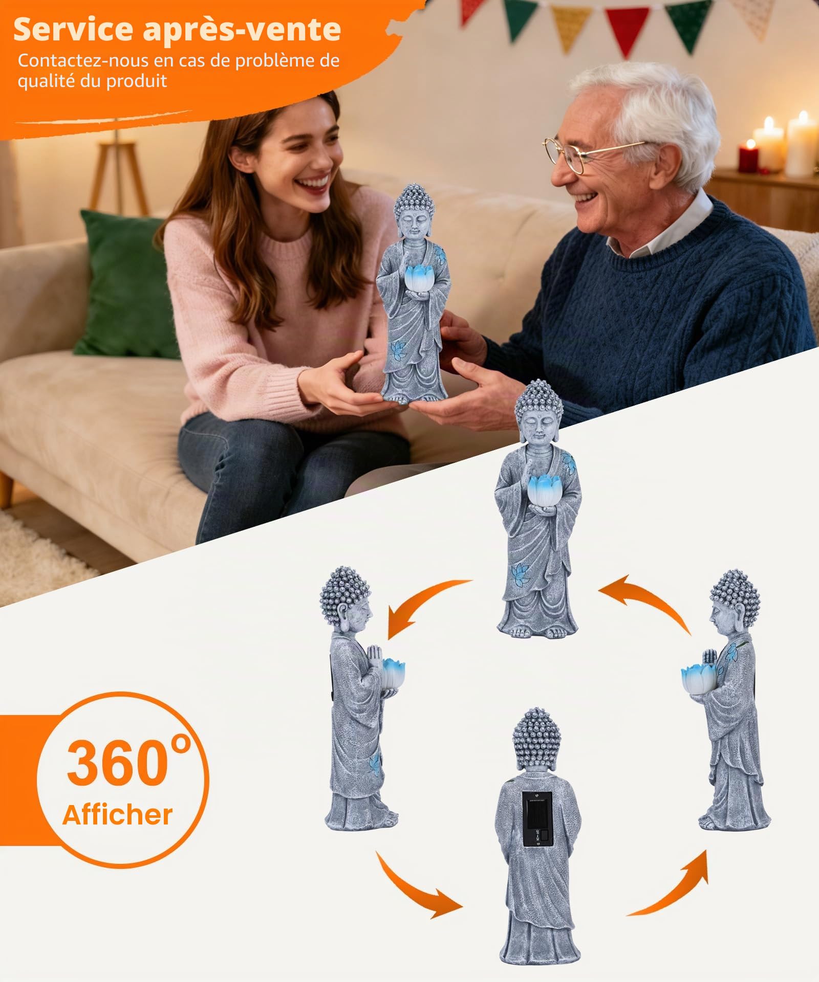 Goodeco Statue de Bouddha solaire avec lumières de lotus bleues – Décoration de jardin zen debout pour terrasse, cour, balcon, décoration de jardin – Cadeaux pour homme et femme – Gris méditation