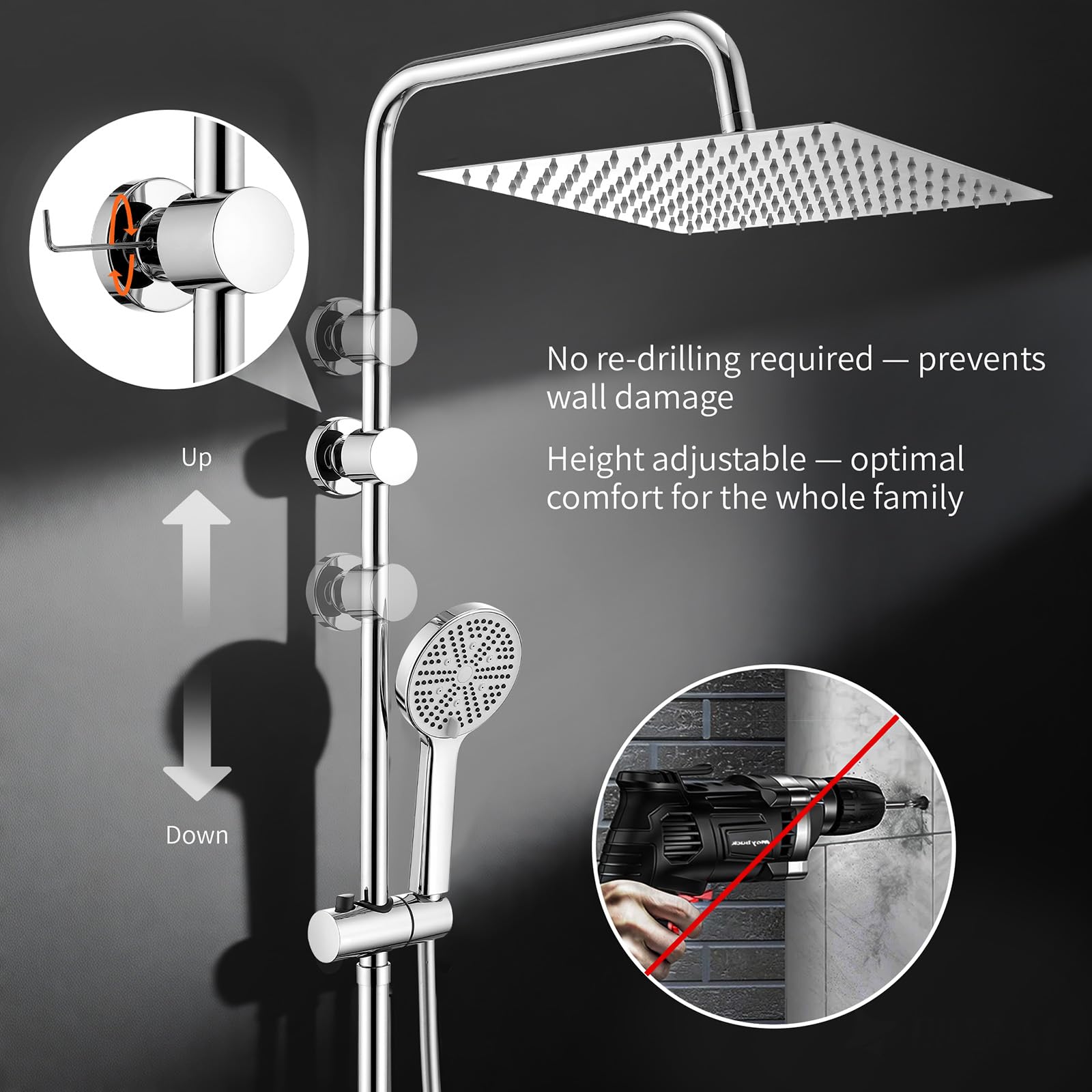 HOMELODY Regendusche ohne Armatur,Duschsystem Chrom mit 30*30cm Kopfbrause | 5 Strahlarten Handbraus,Aluminium Ablage,verstellbare Wandhalterung,2 PVC-Schläuche