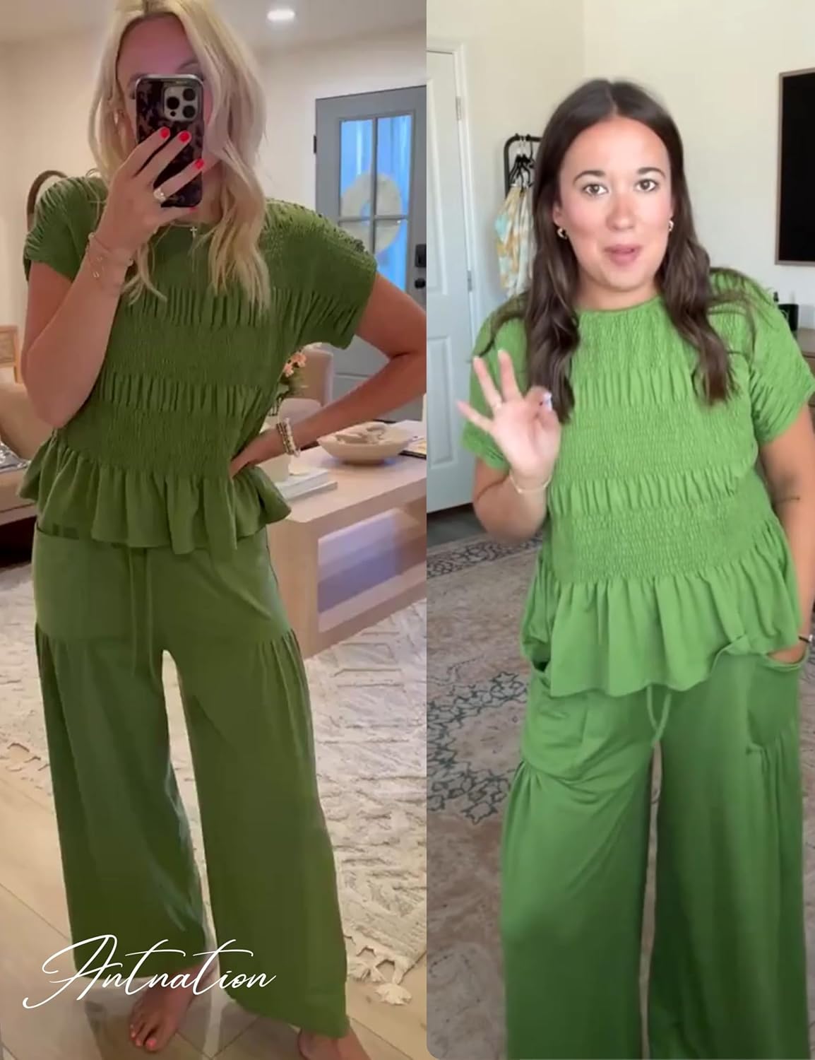 Womens 2 Piece Smocked Top Wide-Leg Pants Set High-Waisted Lounge Outfit with Pockets Casual Boho Matching Set - Image 6