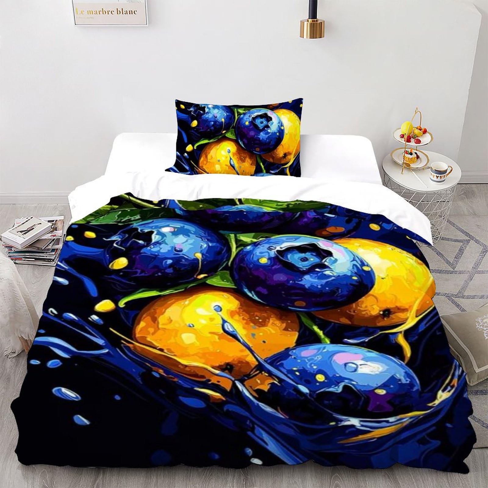 Parure de lit single citron bleuets housse de couette 135x200cm microfibre imprimé 3D peinture fruits