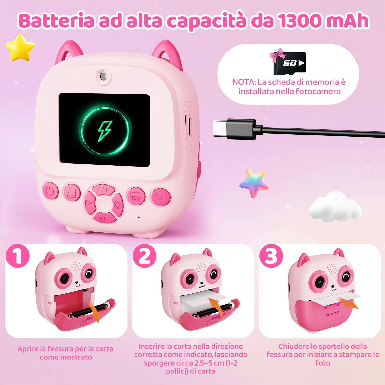 CHAKEYAKE Macchina Fotografica Bambini Istantanea, AI Riconoscimento Vocale E Immagini, Schermo da 2,4 Pollici, Funzione Foto & Video, Adesivi Creativi E Filtri, Regalo Per Ragazzi Ragazze, Rosa