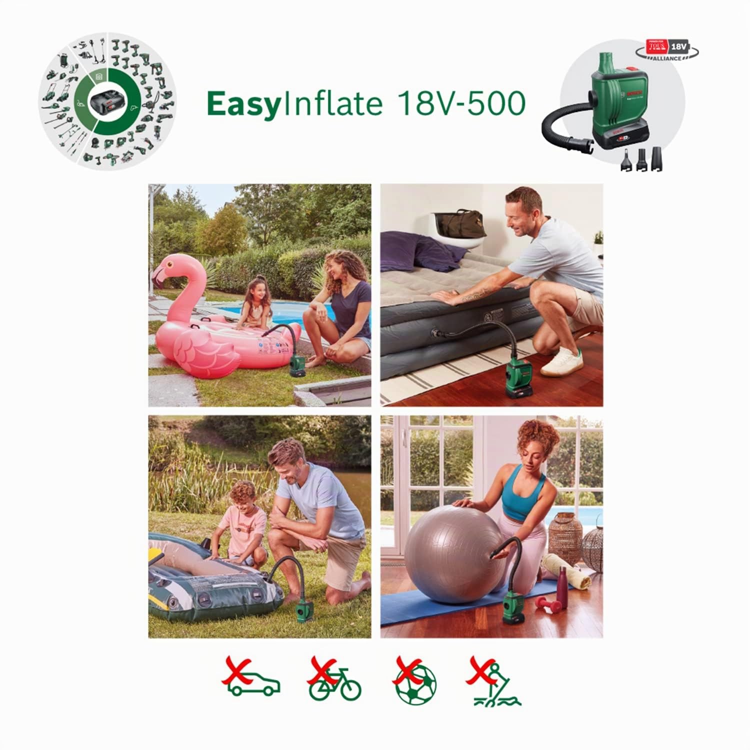 Bosch Pompe à air sans fil - EasyInflate 18V-500 (livré dans un carton avec 1 batterie 2,0 Ah; 18 V; Gonfler/Dégonfler Matelas pneumatiques, pataugeoires et autres) Vert