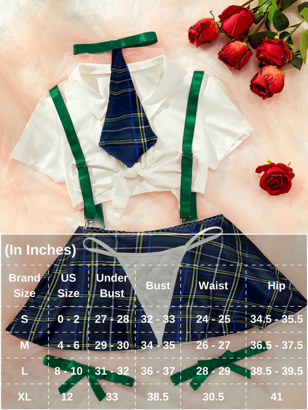 5 Piece Cosplay Costumes For Women,Halloween Lingerie Outfits,Tie Crop Top & Plaid Skirt Set - Image 6