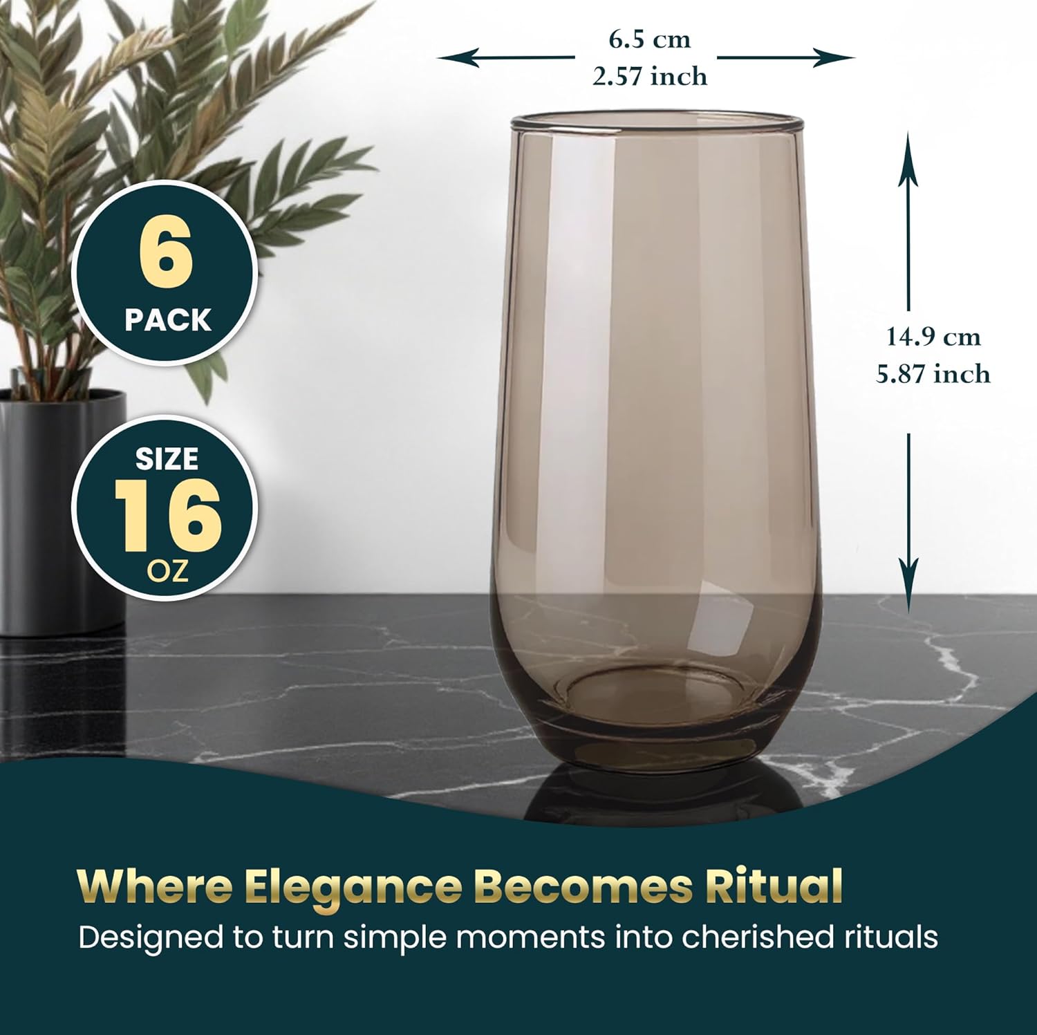 Smokey Sand Drinking Glasses Set of 6 | Translucent Brown Glassware | 16 oz Brown Glass Cups | Highball Drinkware for Cocktails, Long Drink, Mojito, Juice, Soda | Modern Tortoise Drinkware