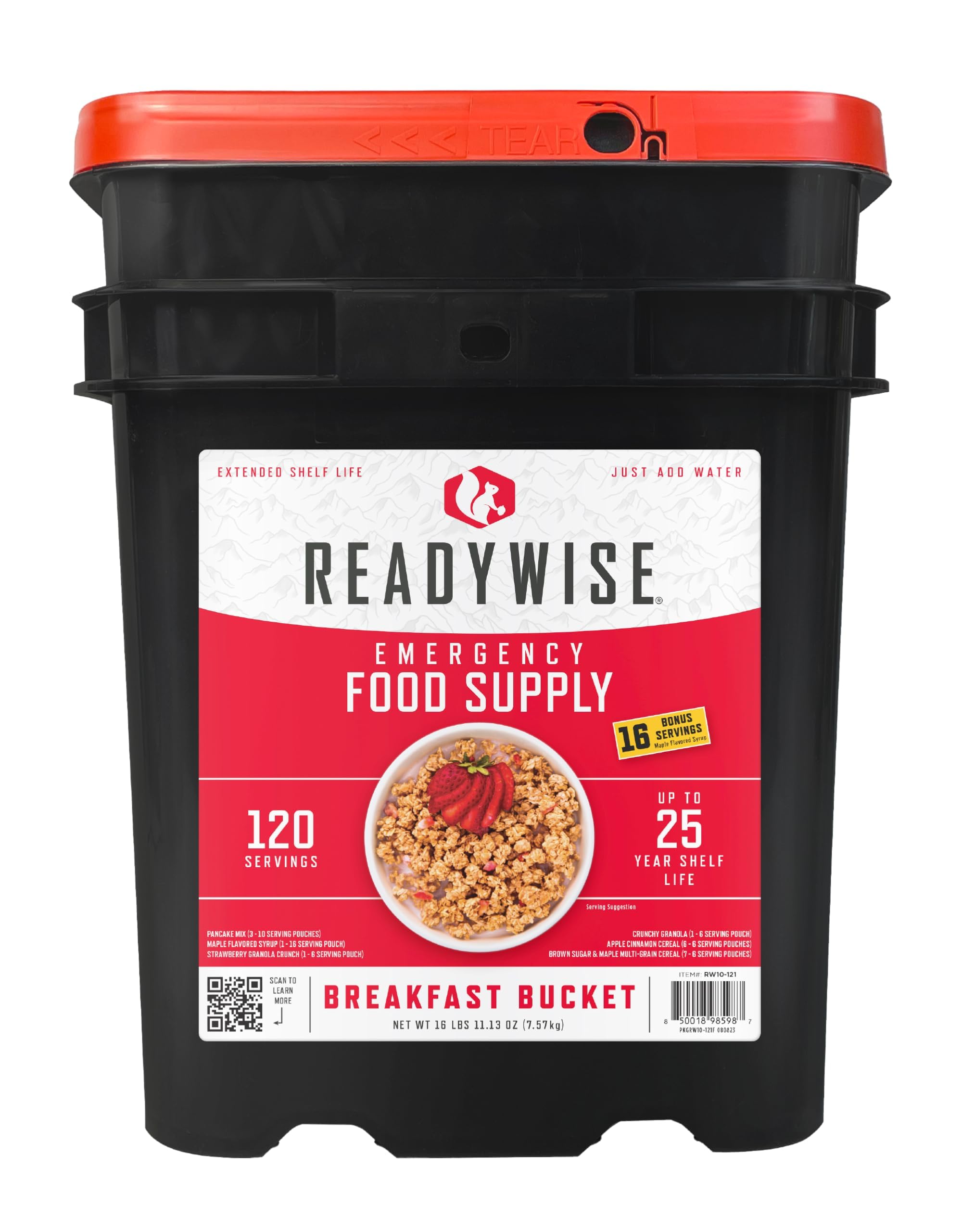 ReadyWise, 120 Servings, Breakfast Only, 4 Different Recipies, Granola, Muesli & Strawberry, Grab & Go Bucket, Freeze Dried, Up To 25 Years Shelf Life, Emergency Food