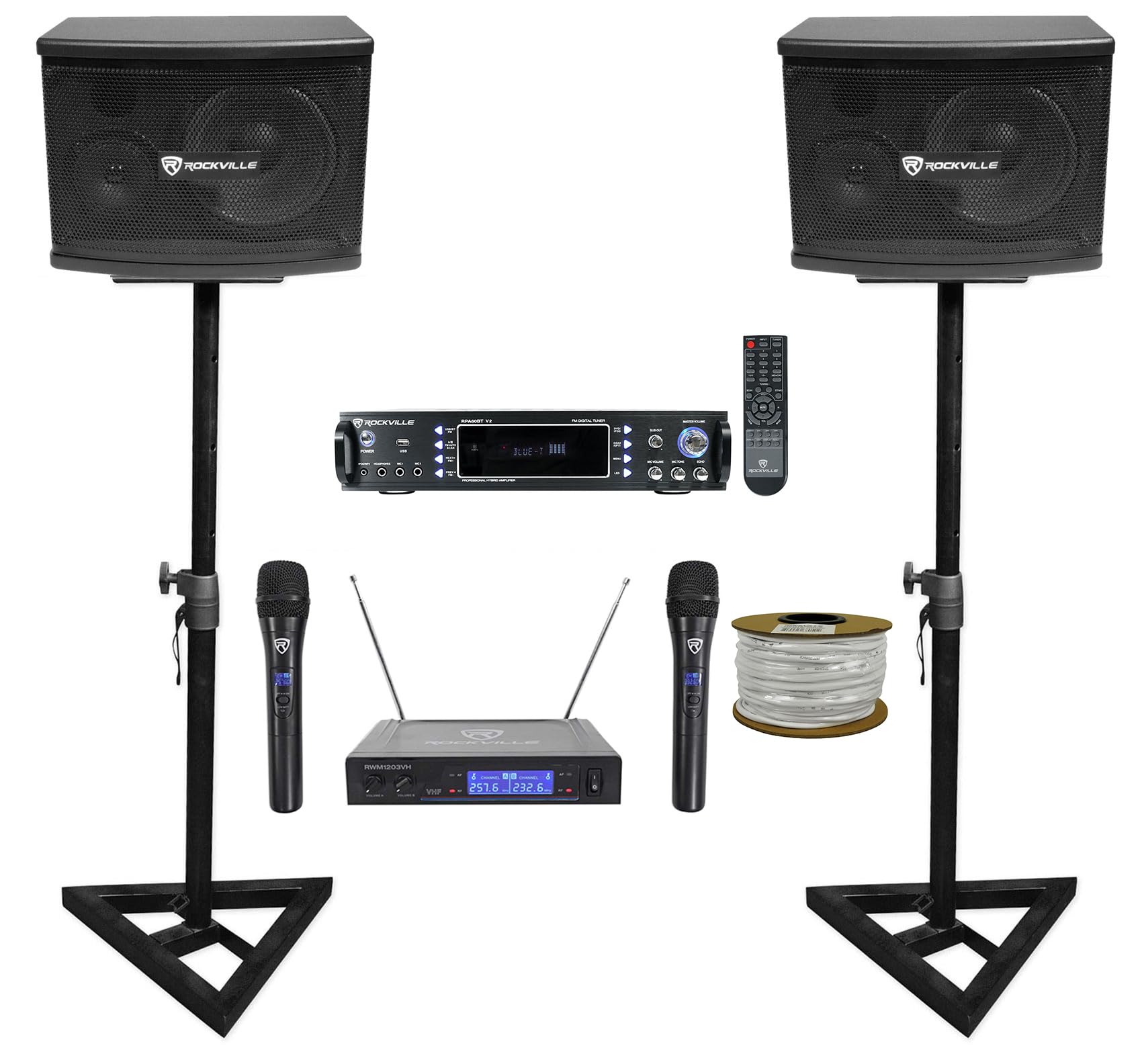 2 Rockville KPS65 Karaoke Speakers+Bluetooth Amp+Adjustable Stands+Wireless Mics + Rockville R14GSBR100 Speaker Wire