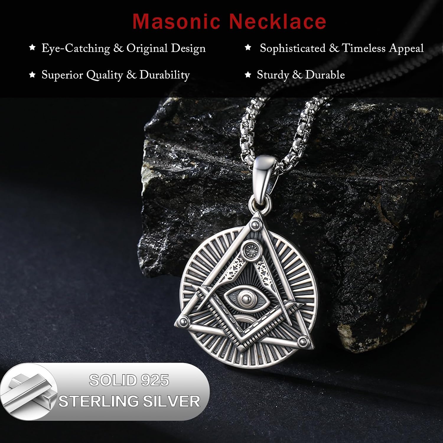 925 Sterling Silver Masonic Necklace for Men Freemason Jewelry Gifts with 22"+2" Rolo Chain
