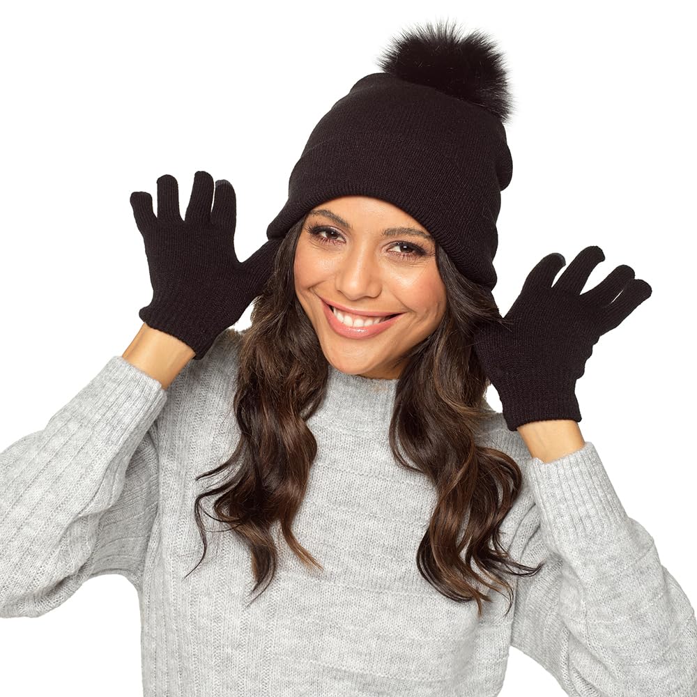 Ladies Bobble Hat & Touch Screen Gloves Set GL550 Black