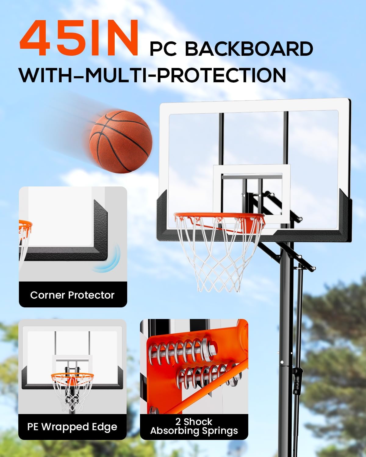 Basketball Hoop Outdoor with 45 Inch Shatterproof Backboard, Portable Basketball Goal System 4.8-10ft Height