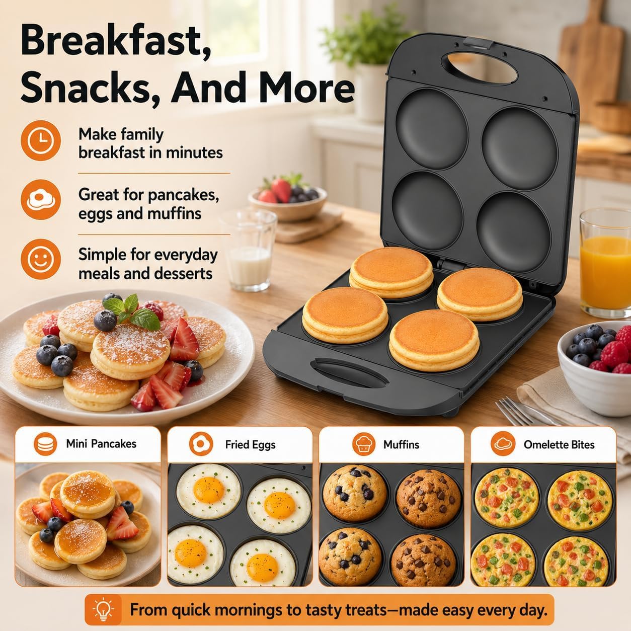 Mini sartén para panqueques, máquina para hacer arepas eléctrica de 1400 W con superficie antiadherente, plancha antiadherente para hacer pasteles, hacer 4 flapjacks únicos, para cocinar huevos fritos